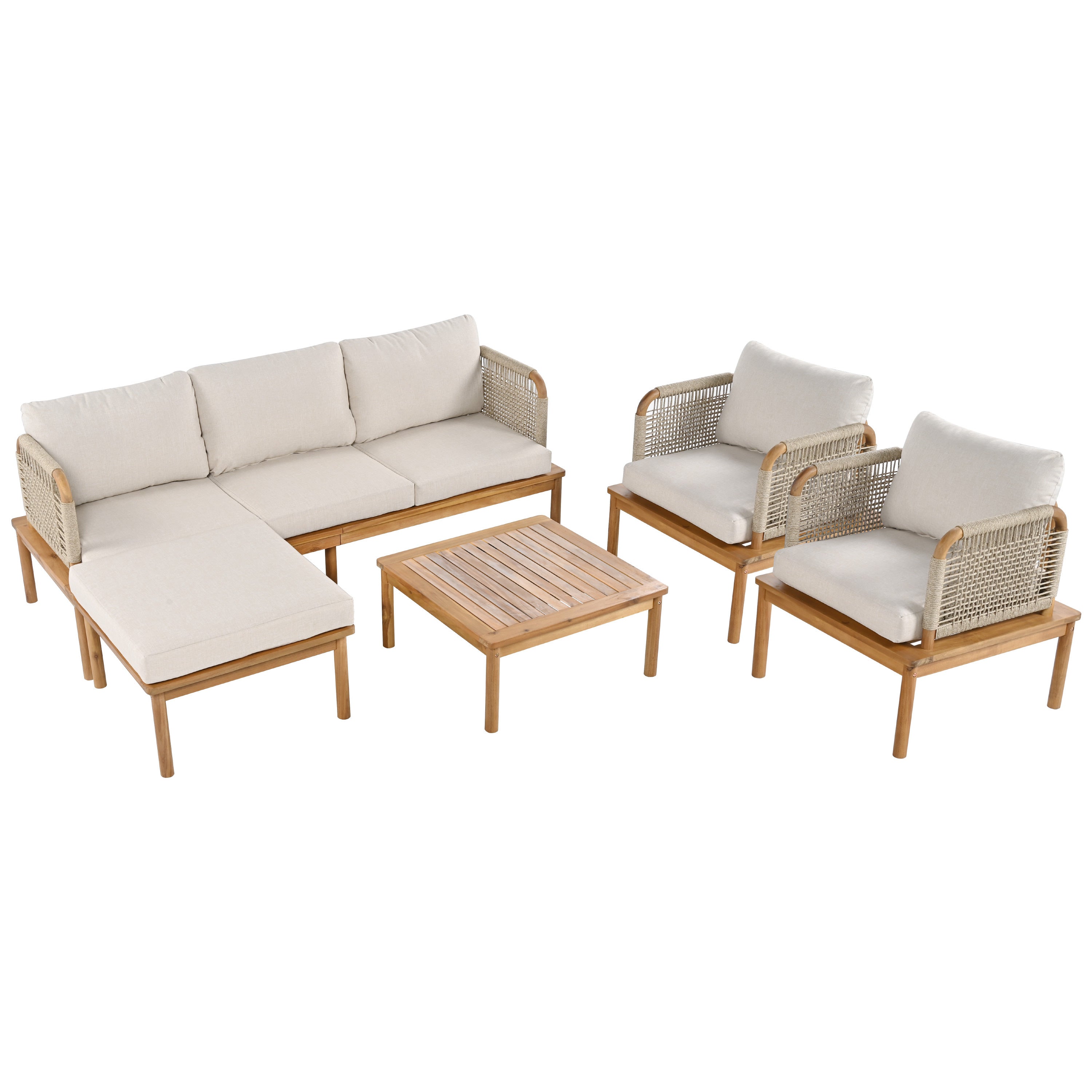 Outdoor 5-Piece Acacia Wood and Rope Patio Sofa Set