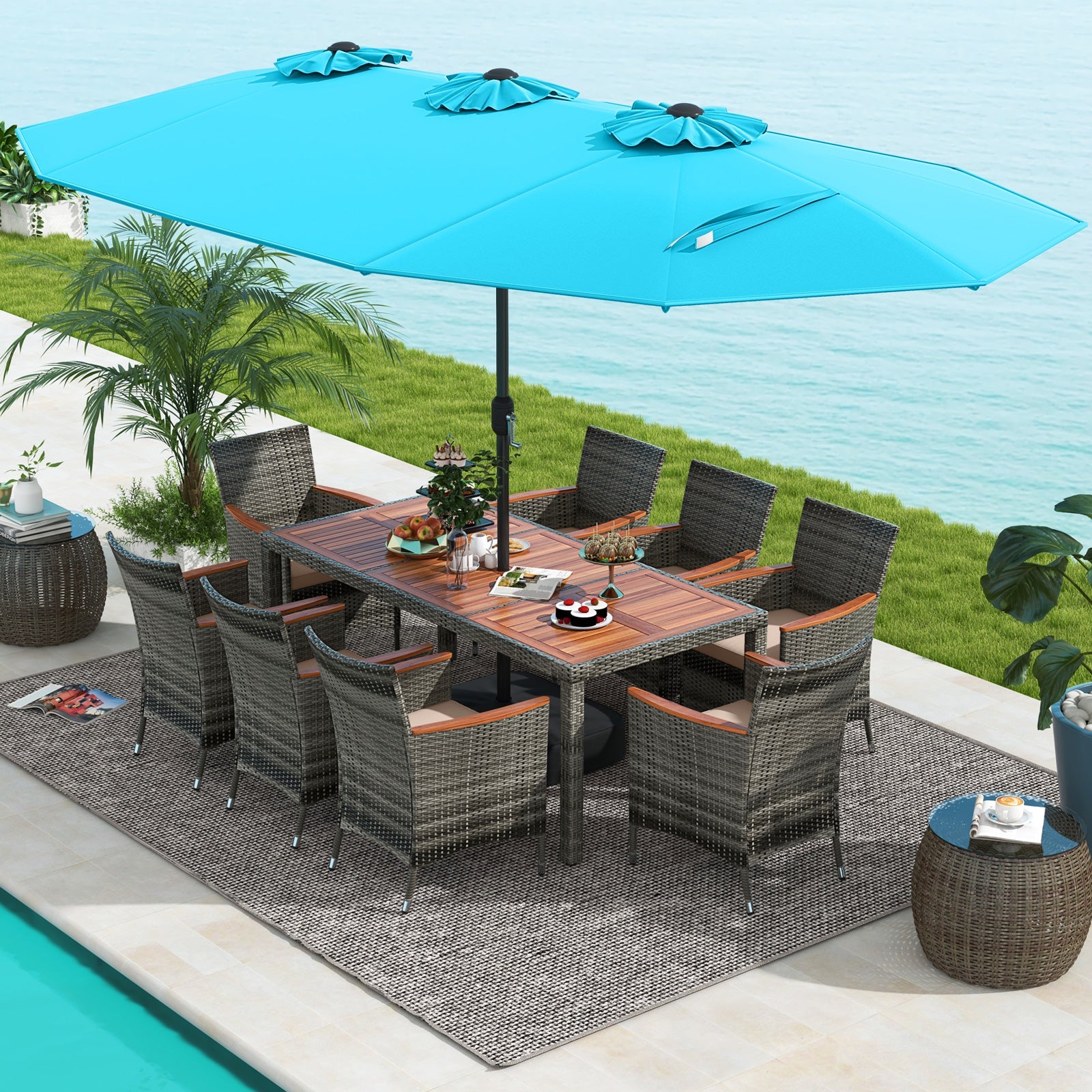 10 Pieces Patio Wicker Dining Set with 15 Feet Double-Sided Patio Umbrella-Turquoise
