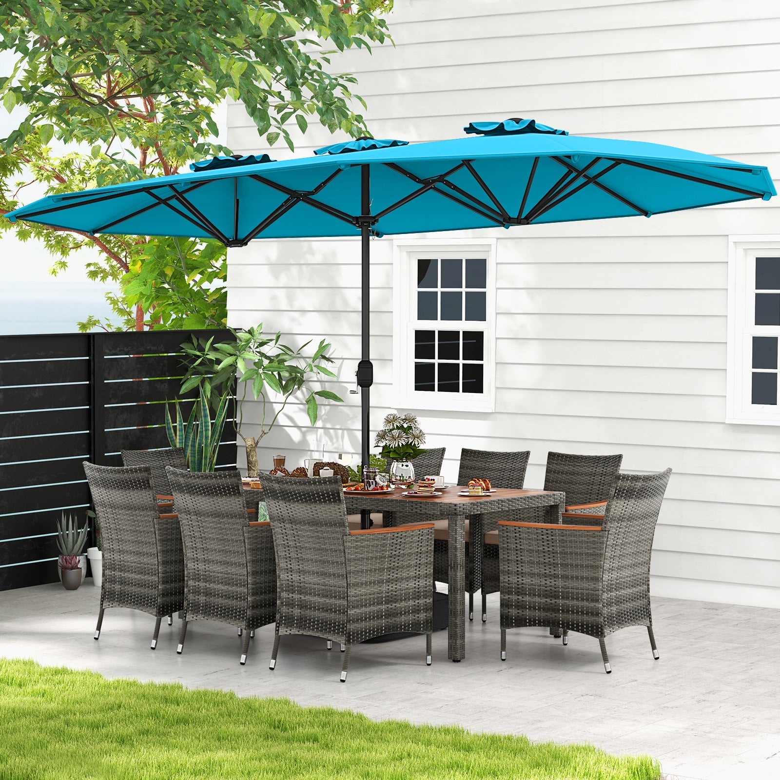 10 Pieces Patio Wicker Dining Set with 15 Feet Double-Sided Patio Umbrella-Turquoise