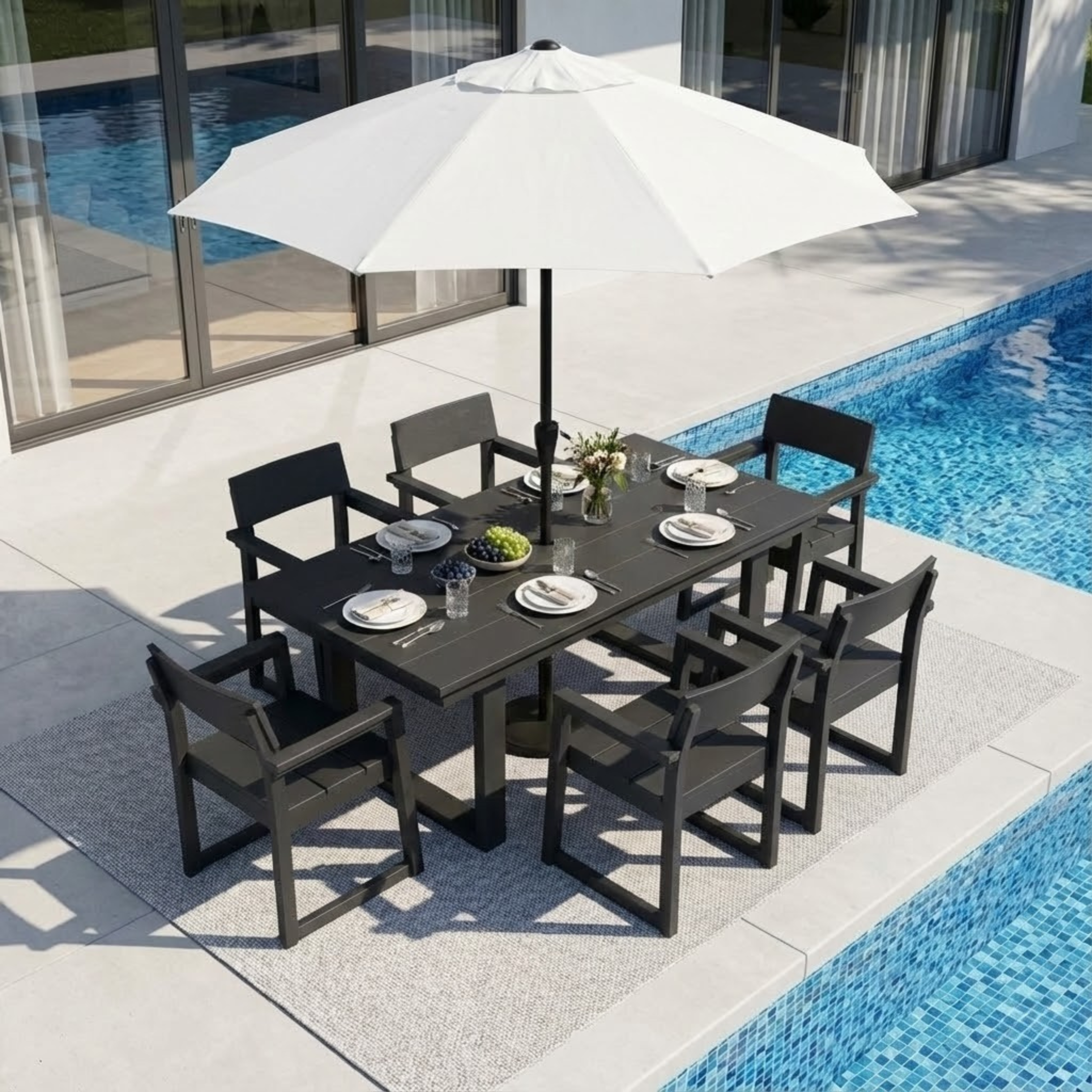 7-Piece HDPE Outdoor Dining Set for 6 – Weather-Resistant Patio Table with Umbrella Hole and 6 Armrest Chairs (Black)