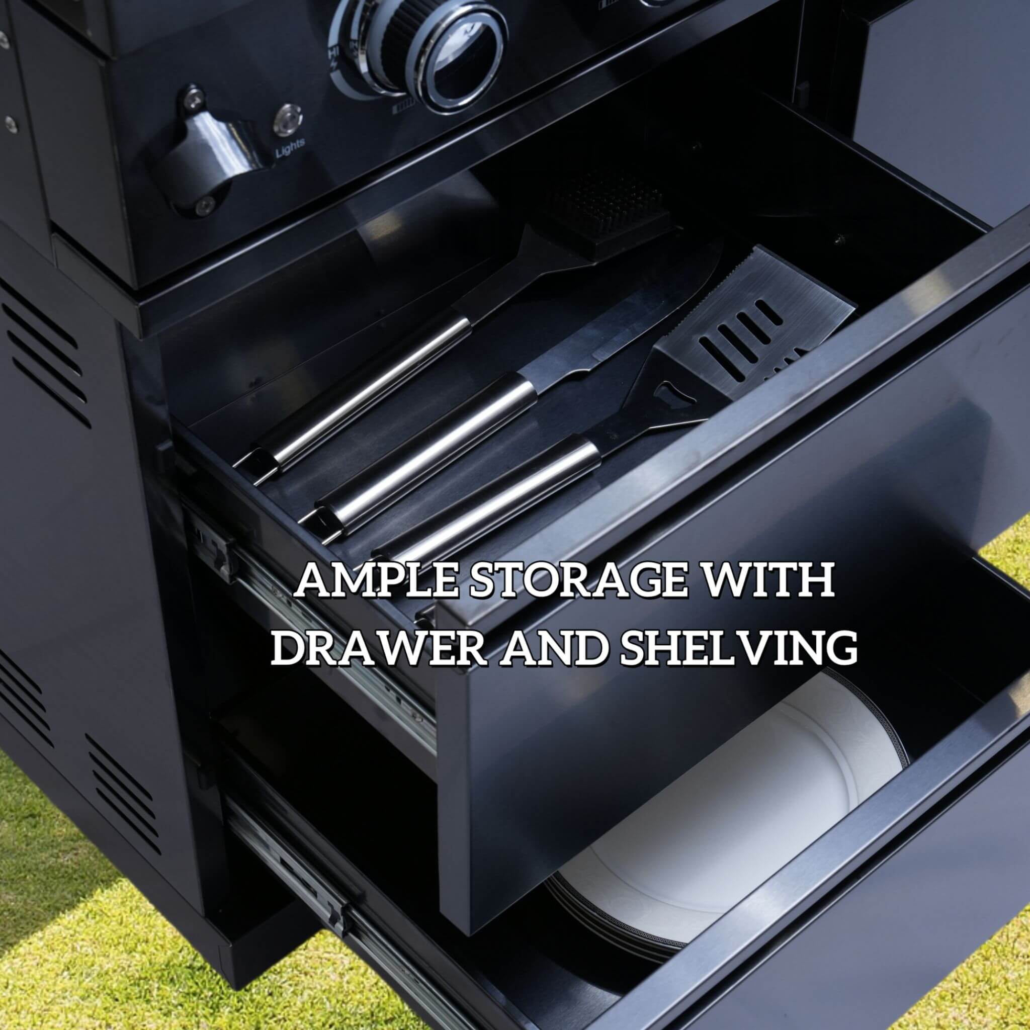 Castelle Flame 43-Inch 6-Burner 85K BTU Stainless Steel Outdoor BBQ Kitchen Island Grill With Wine Cooler, Rotisserie, And Sink (SAK19476)