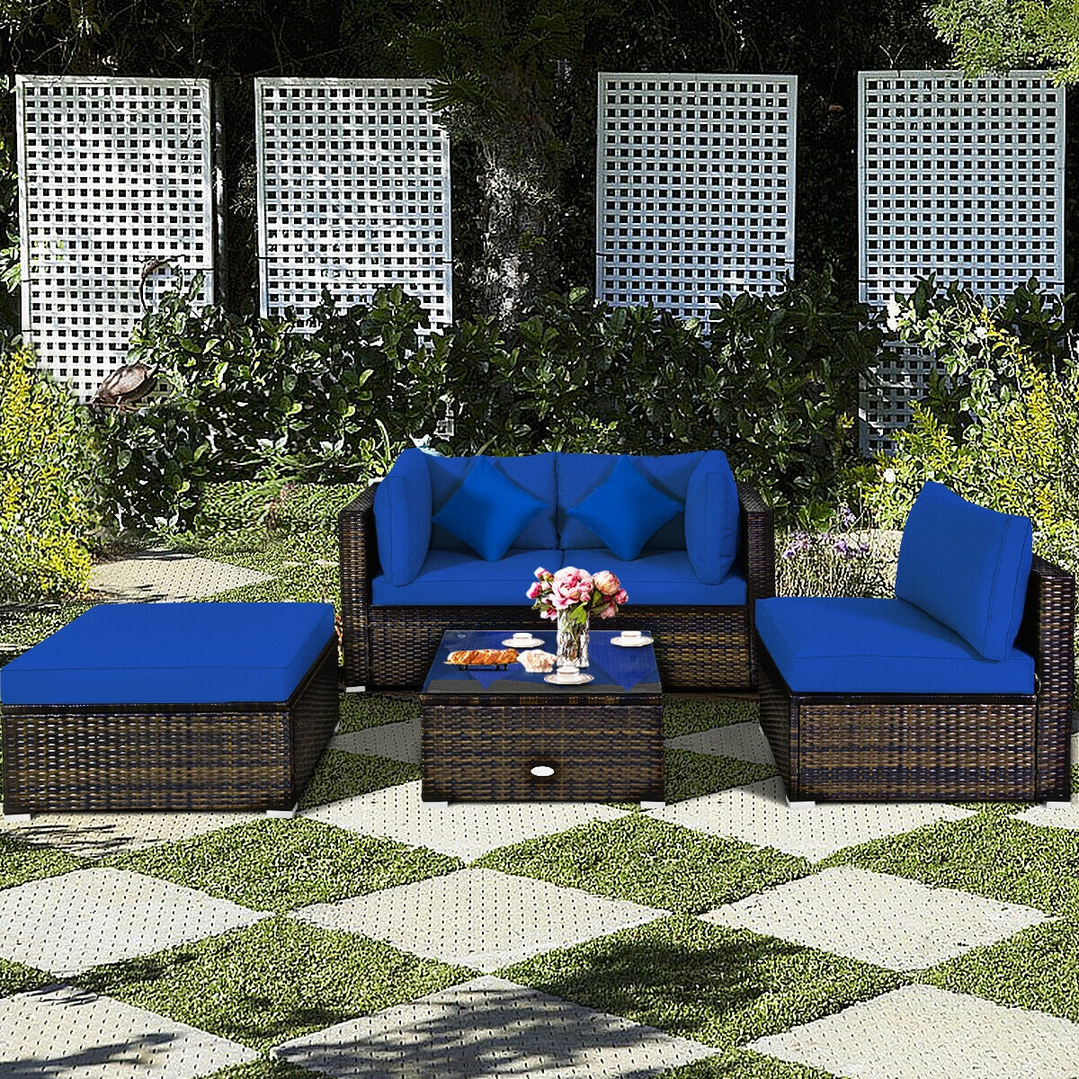 5 Pcs Outdoor Patio Rattan Furniture Set Sectional Conversation with Navy Cushions-Navy