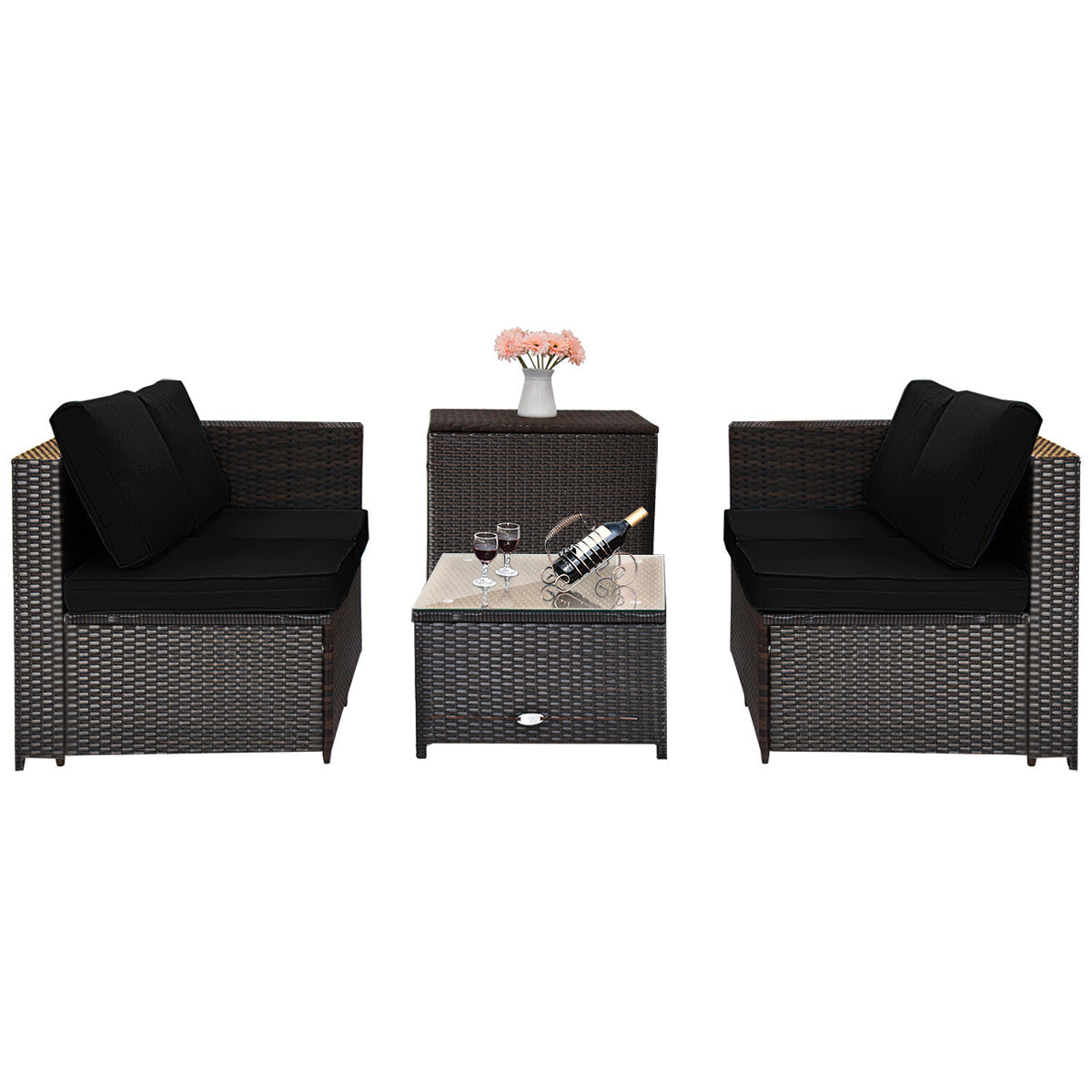 4 Pieces Outdoor Patio Rattan Furniture Set with Loveseat and Storage Box-Black