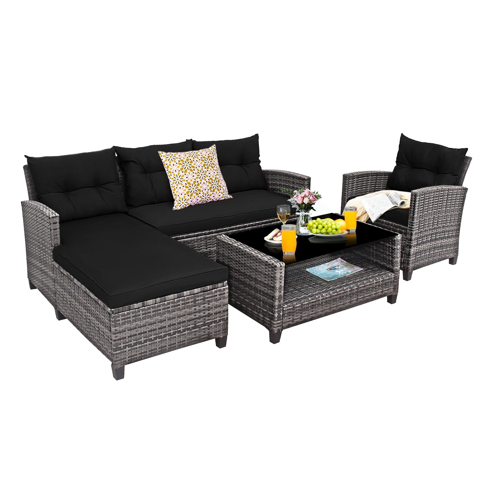 4 Pieces Patio Rattan Sofa Furniture Set with Cushion and 2-Tier Coffee Table-Black
