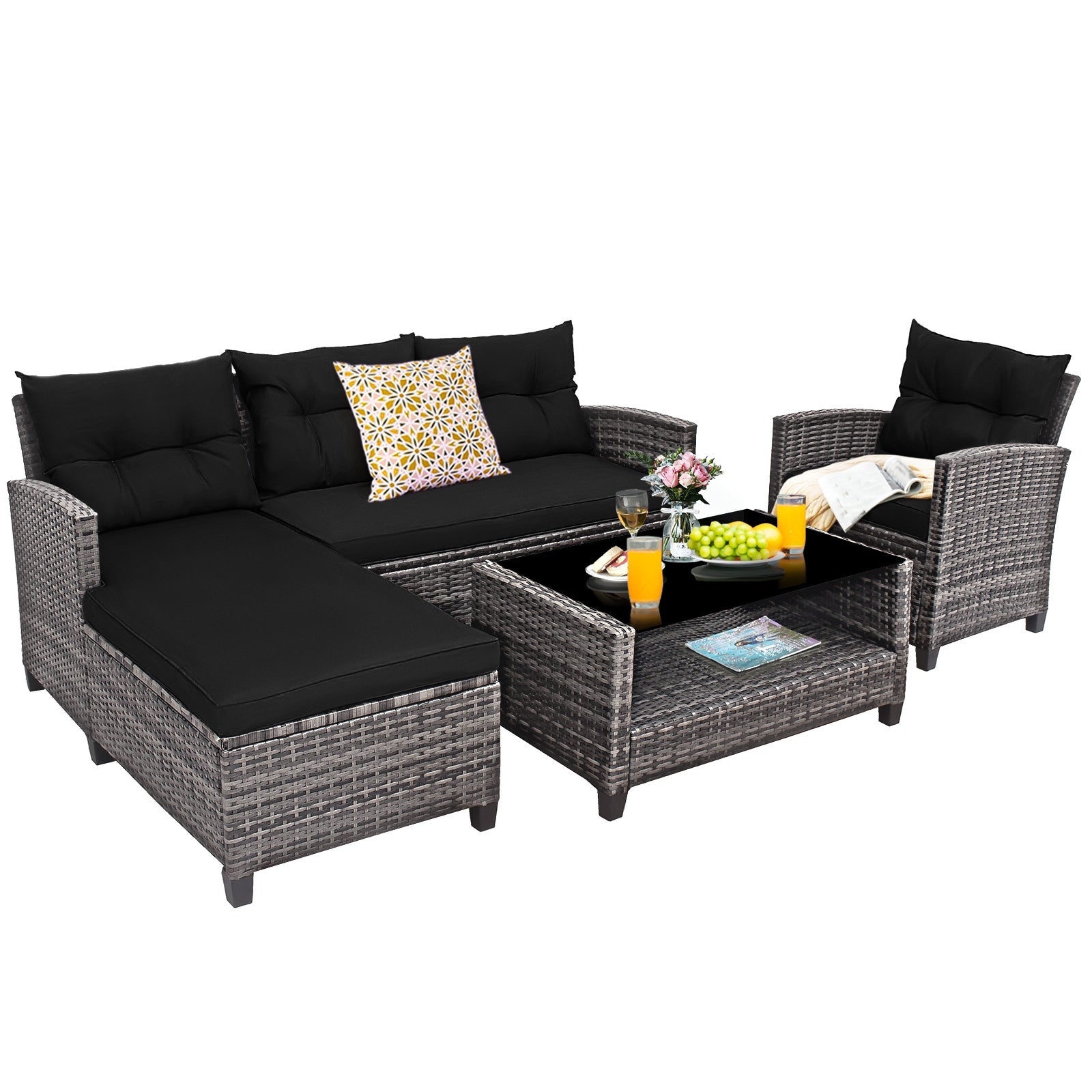 4 Pieces Patio Rattan Sofa Furniture Set with Cushion and 2-Tier Coffee Table-Black