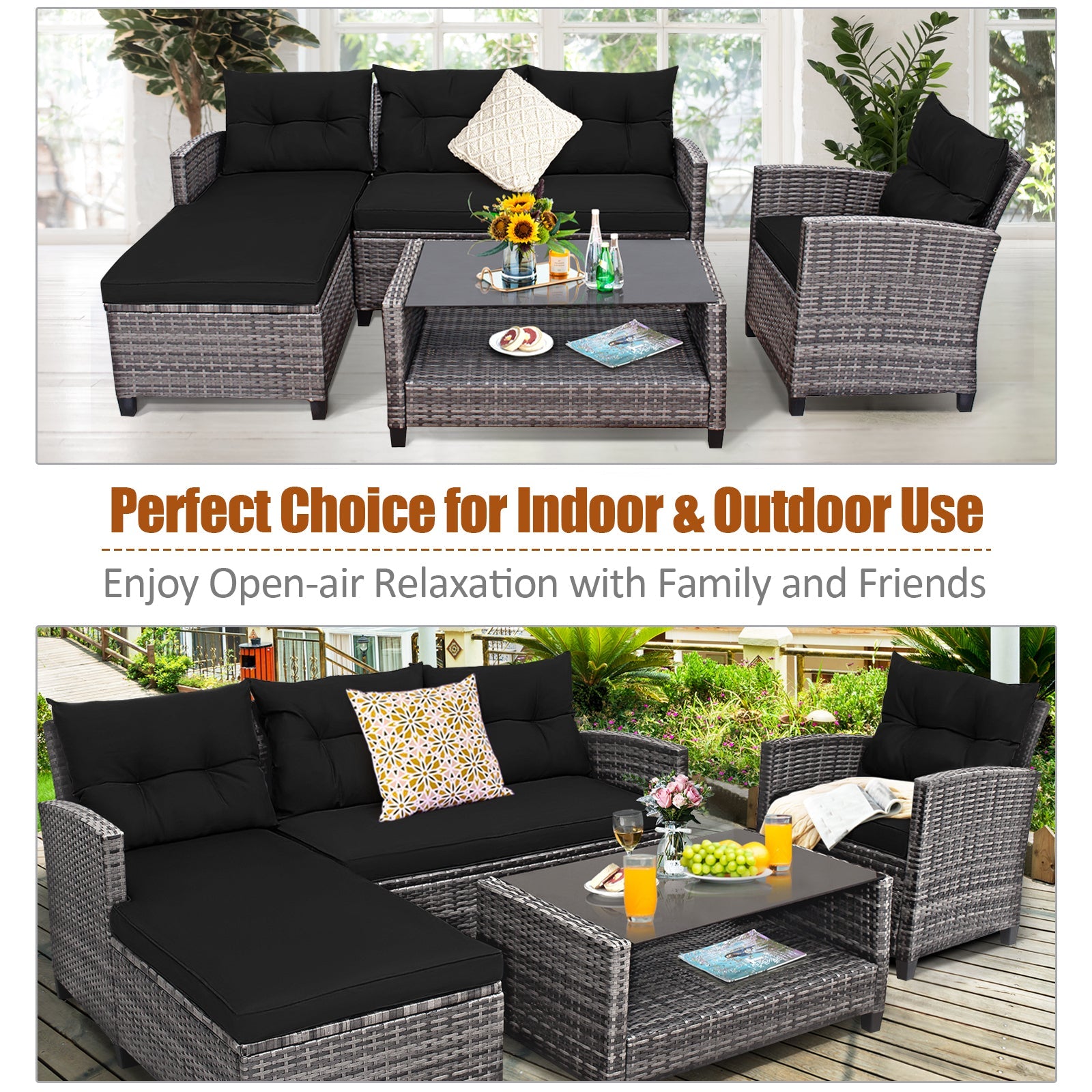 4 Pieces Patio Rattan Sofa Furniture Set with Cushion and 2-Tier Coffee Table-Black