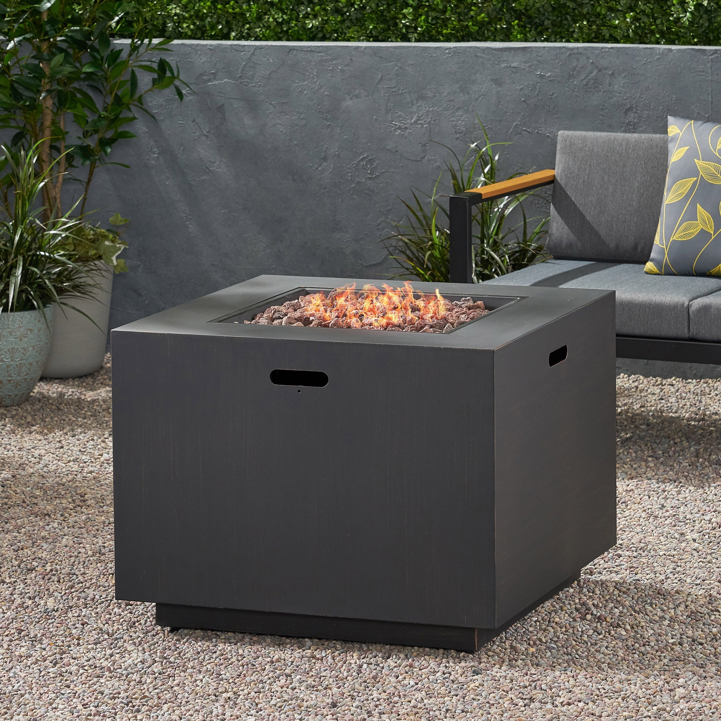 33" Outdoor Iron Square Propane Fire Pit - Brushed Brown