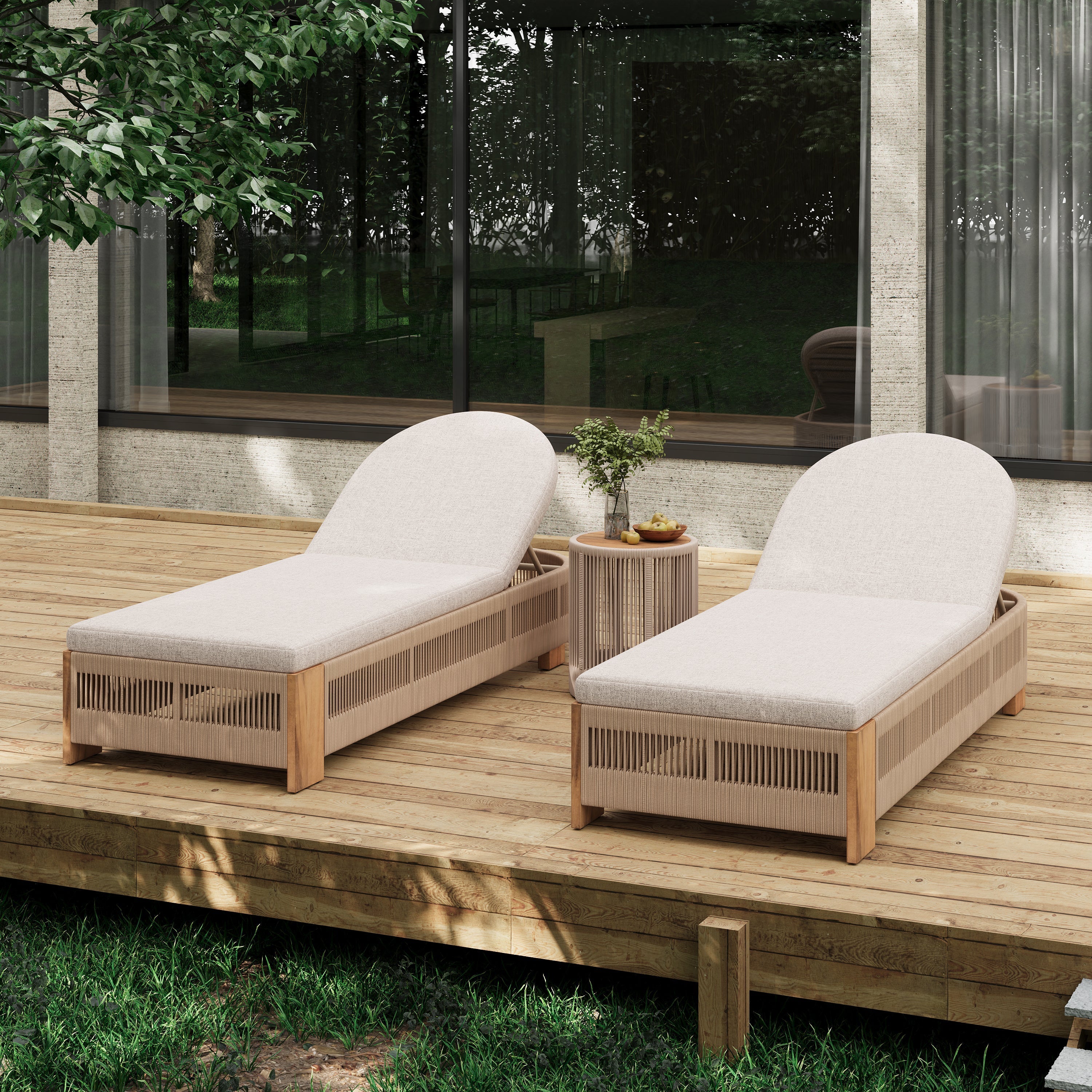 Outdoor Rope Chaise Lounge Set with Adjustable Backrest and Teak Look Side Table