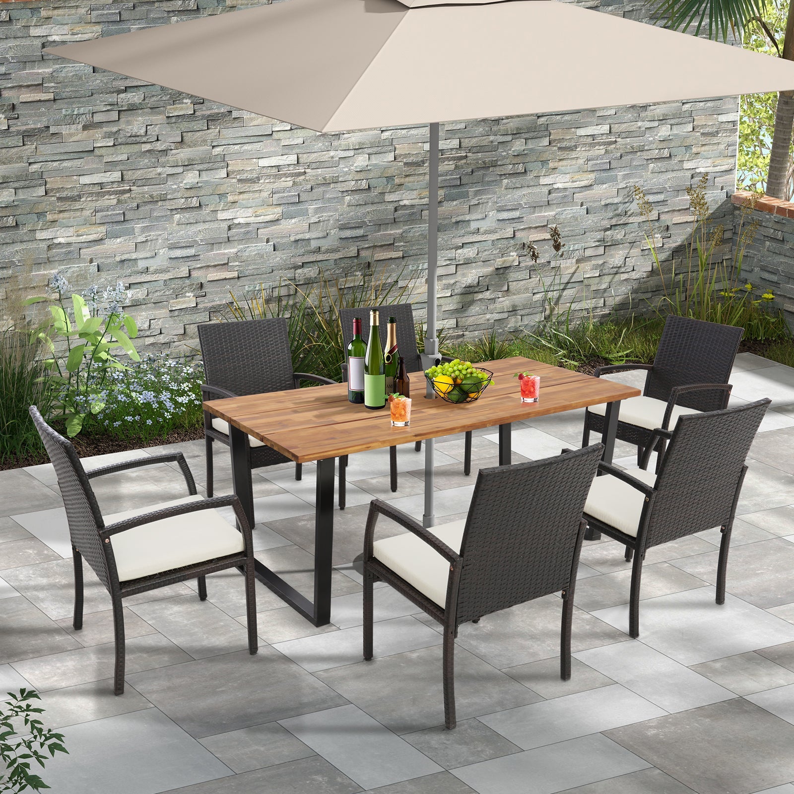 7 Pieces Patio Rattan Dining Set with Umbrella Hole-L-shaped Handrail