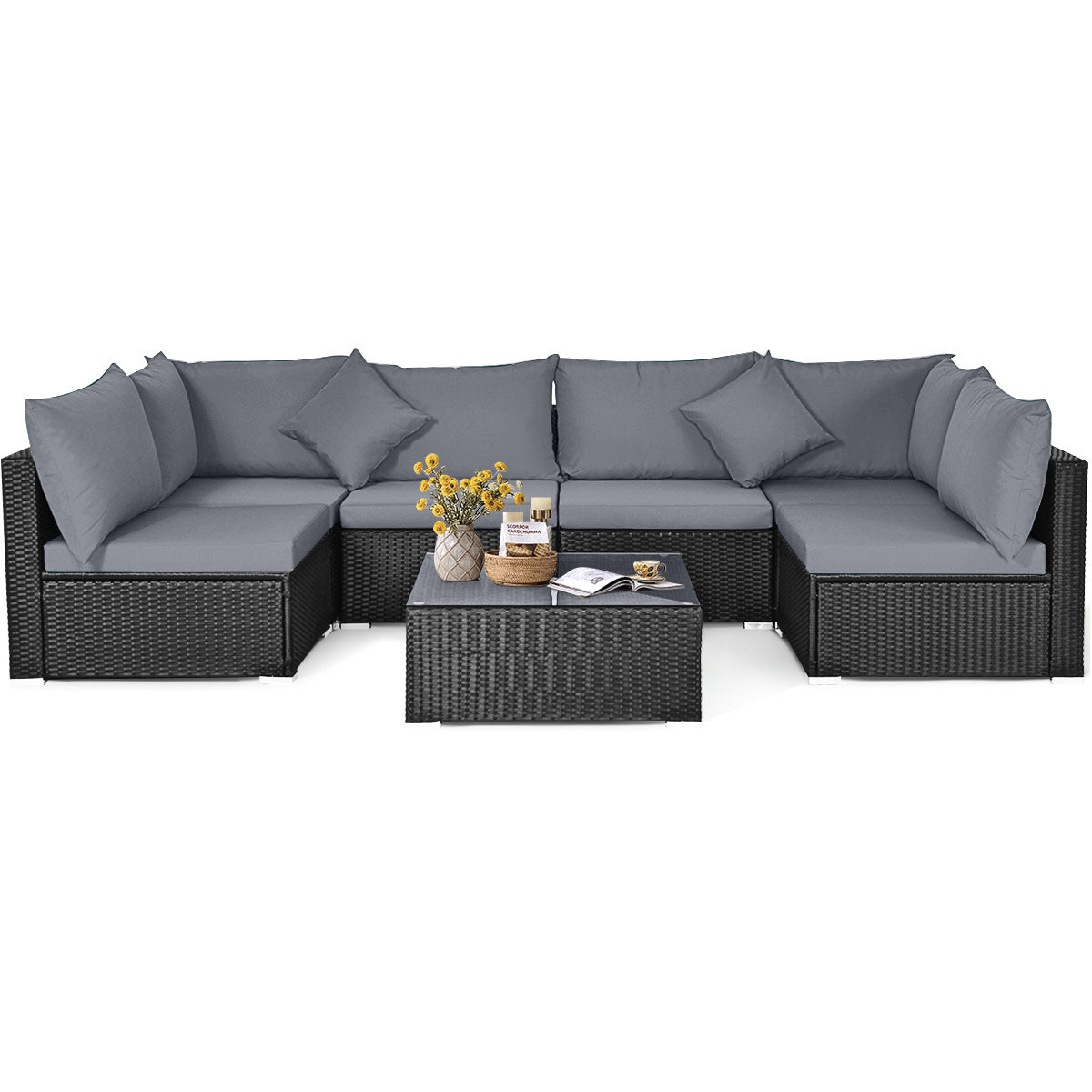 7 Pieces Sectional Wicker Furniture Sofa Set with Tempered Glass Top Coffee Table-Gray