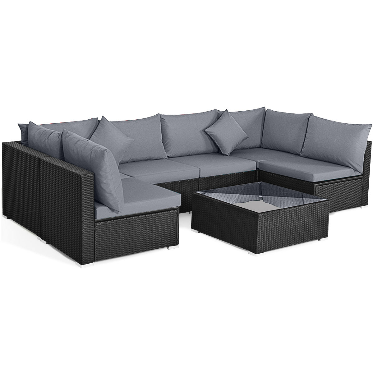 7 Pieces Sectional Wicker Furniture Sofa Set with Tempered Glass Top Coffee Table-Gray