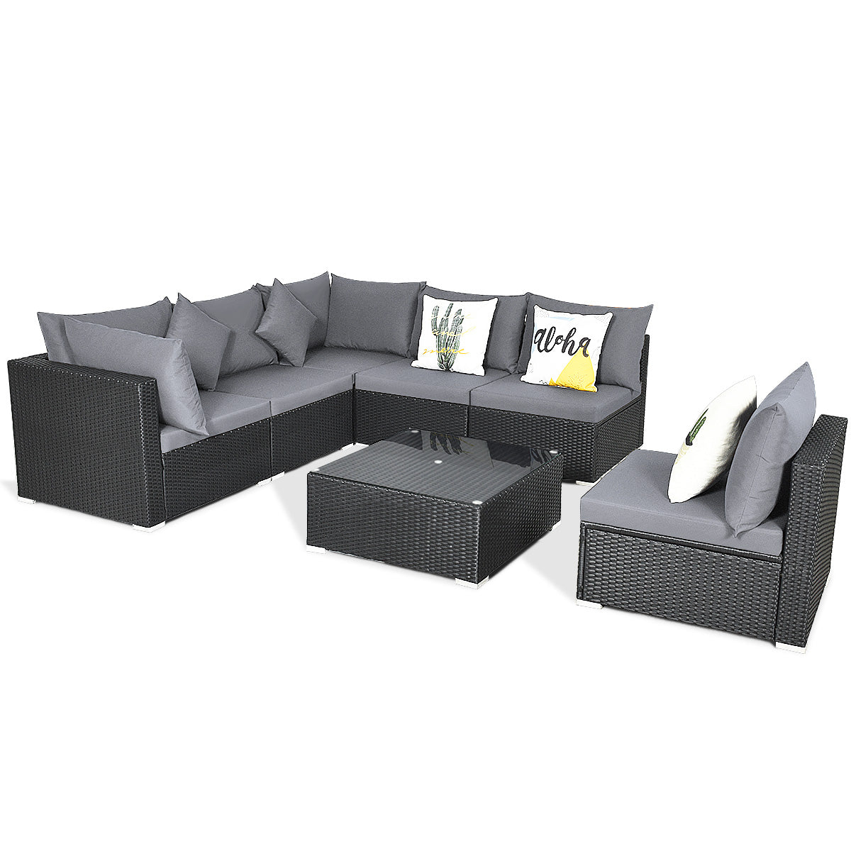 7 Pieces Sectional Wicker Furniture Sofa Set with Tempered Glass Top Coffee Table-Gray