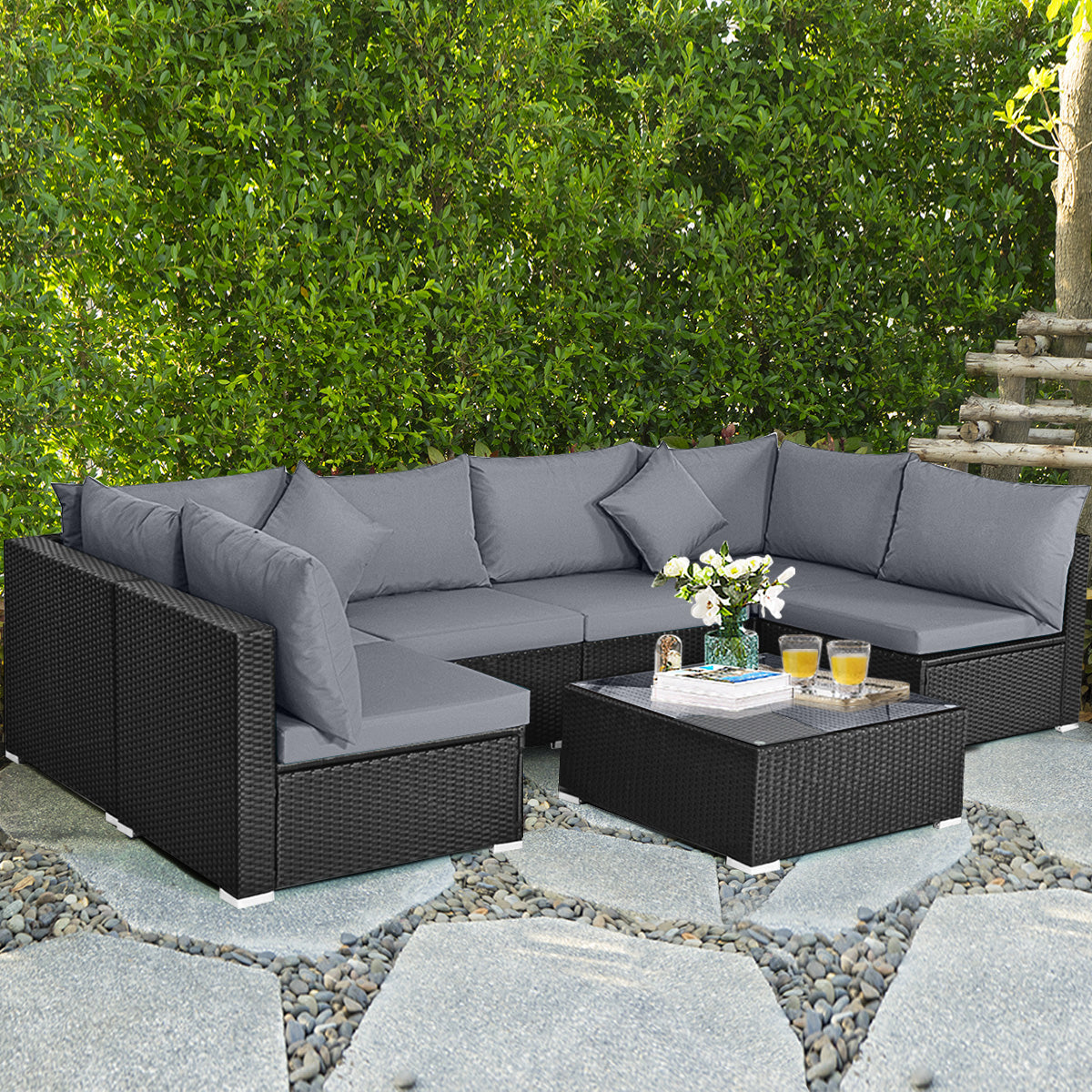 7 Pieces Sectional Wicker Furniture Sofa Set with Tempered Glass Top Coffee Table-Gray