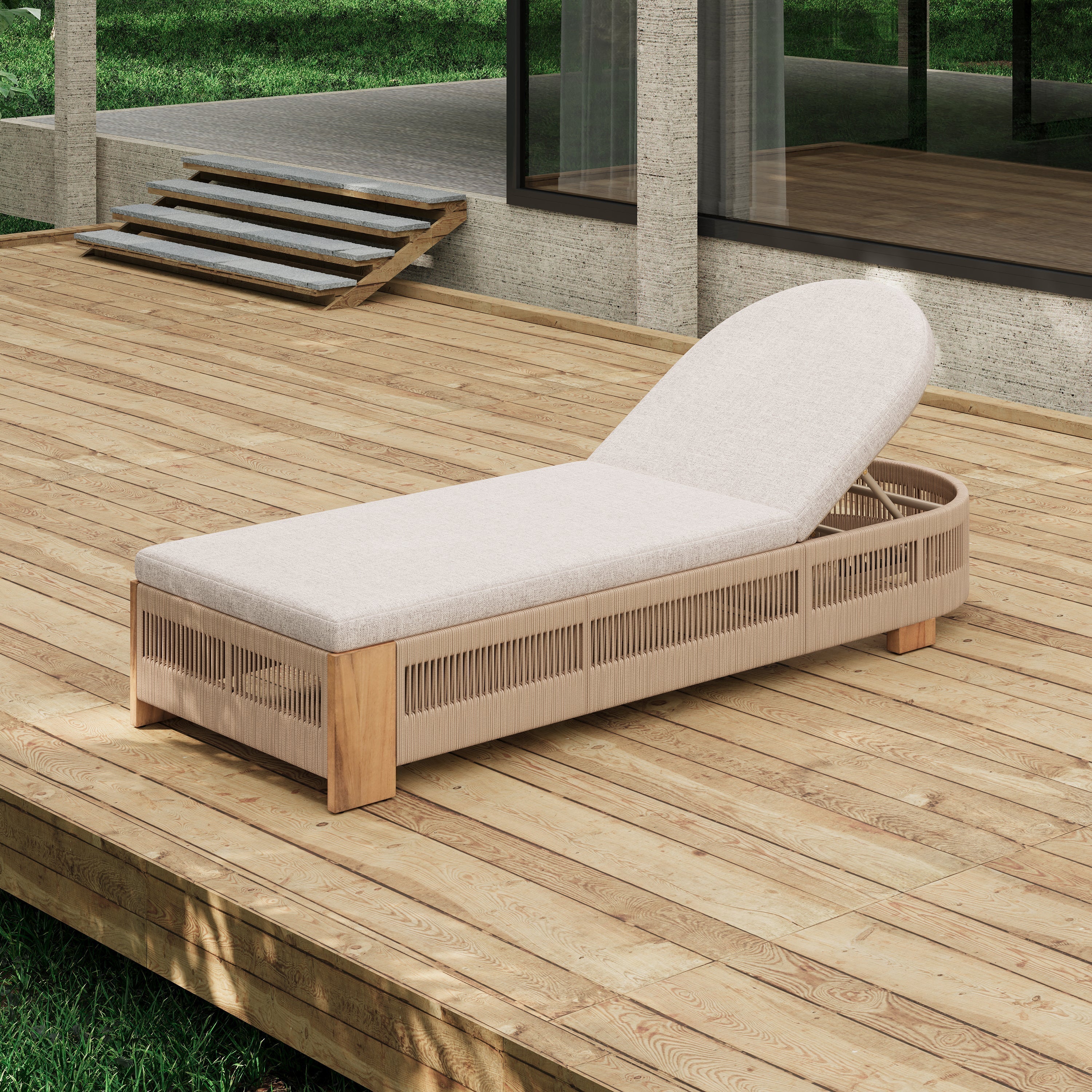 Outdoor Chaise Lounge Chair, Acacia Wood with Adjustable Backrest and Cushion