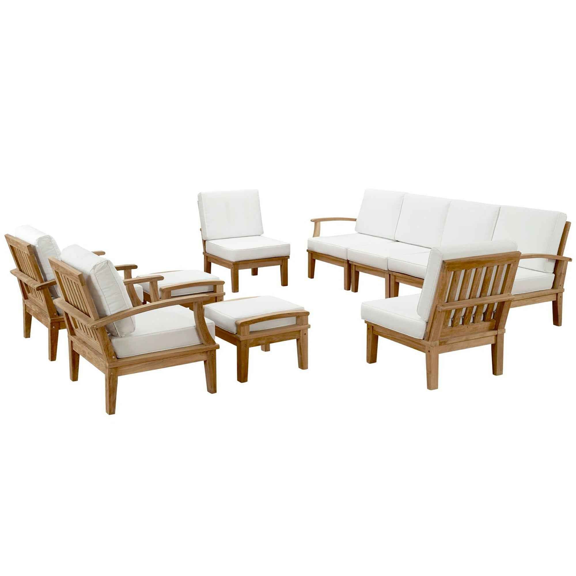 Modway Marina Outdoor Teak Patio Set with White Cushions – 10-Piece Collection by Patio Elegance