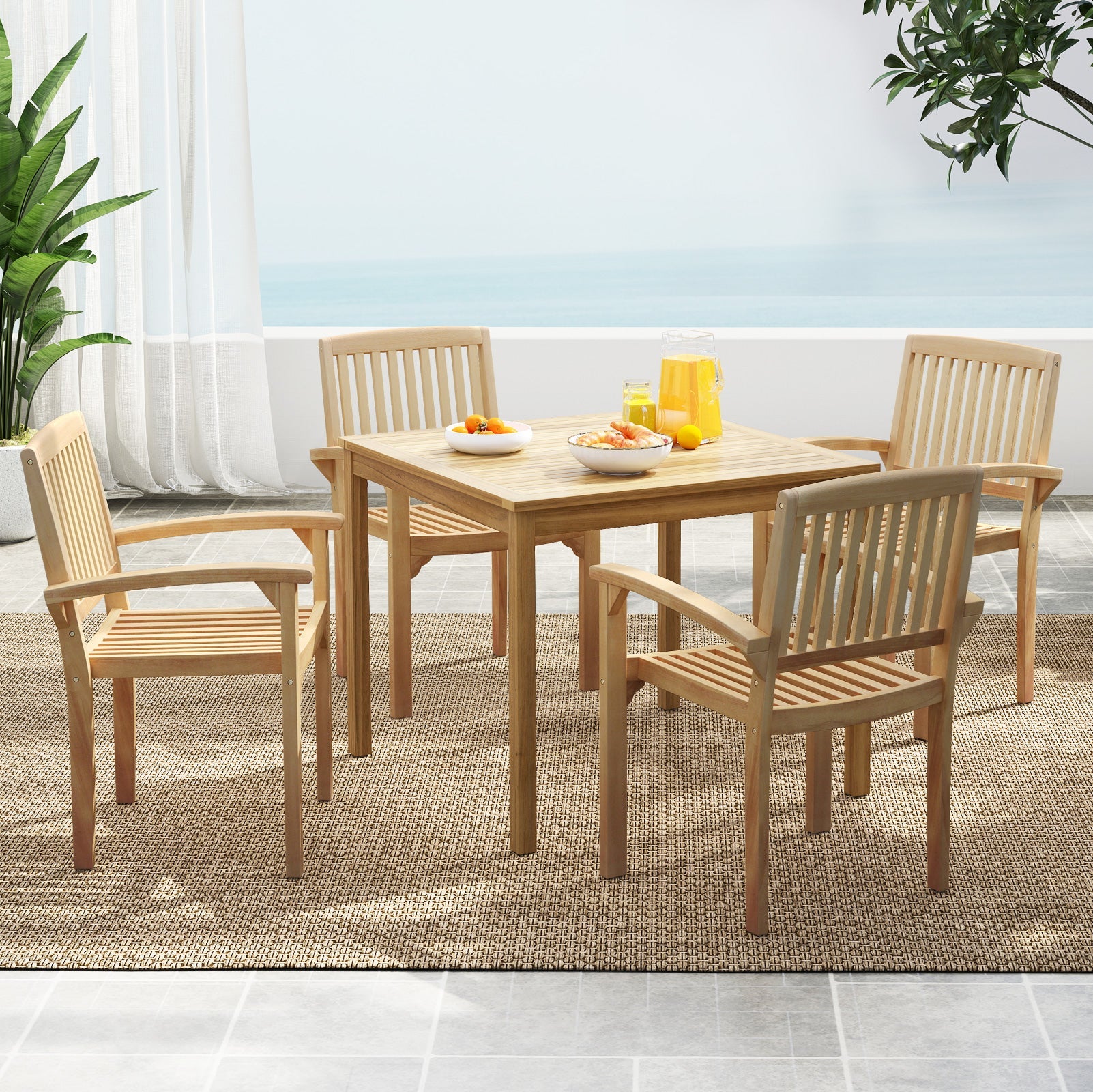 Set of 4 Outdoor Patio Chair with Slatted Seat and Curved Seat