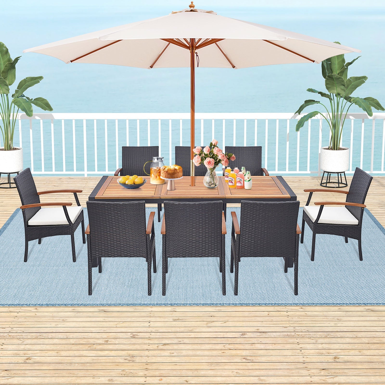 9 Pieces Patio Rattan Dining Set with Acacia Wood Table for Backyard Garden-Wood Handrail