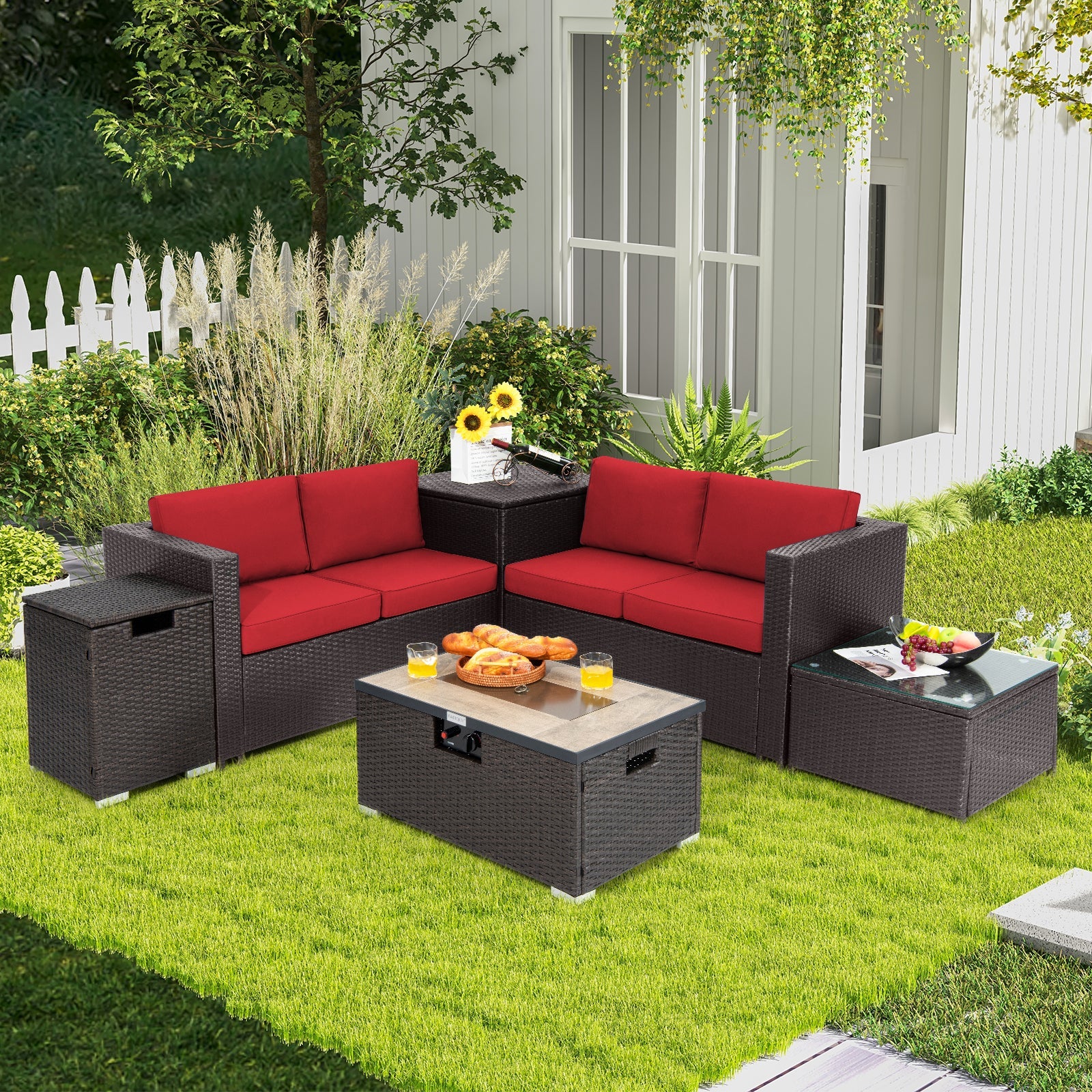 6 Pieces Outdoor Wicker Furniture Set with 32 Inch Propane Fire Pit Table-Red