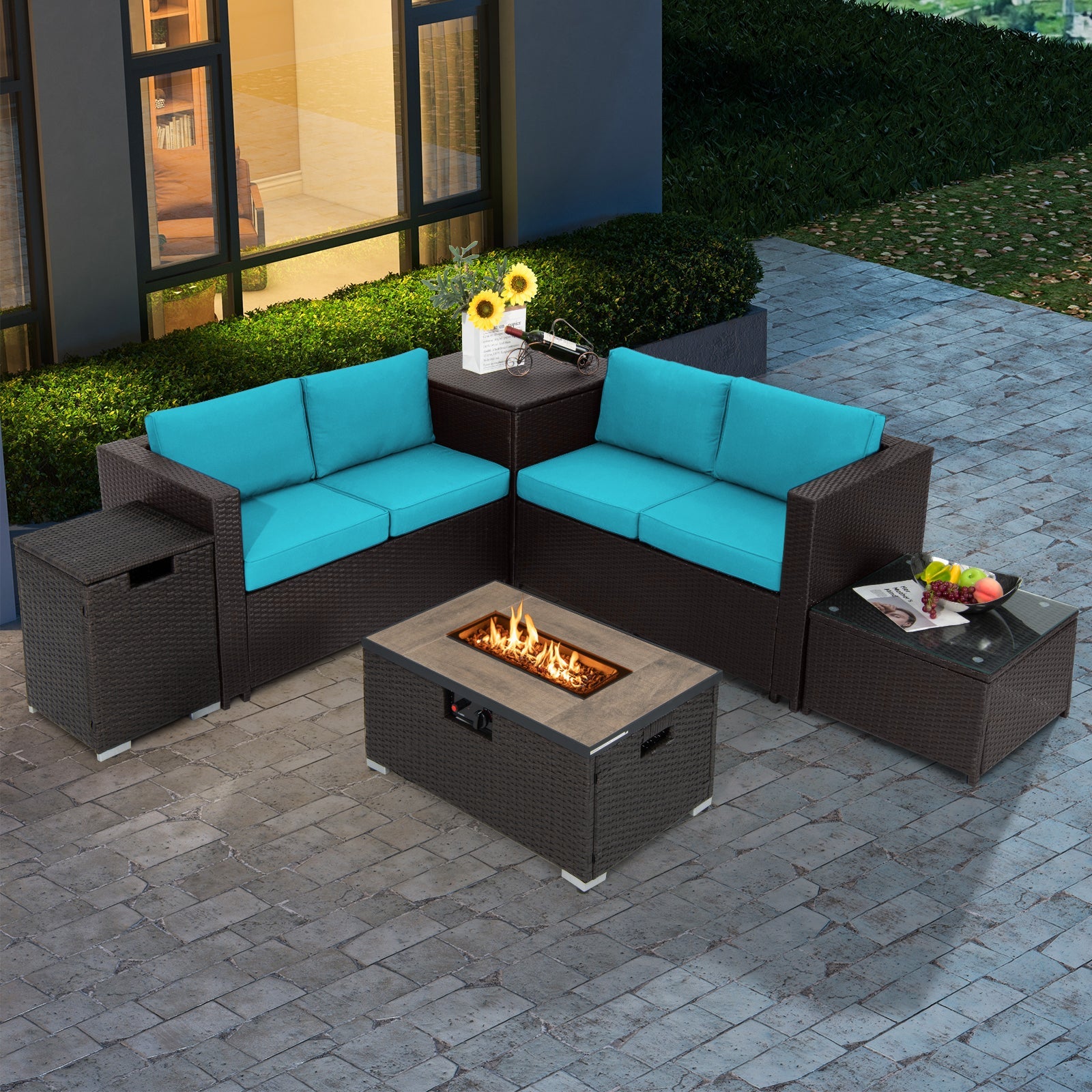 6 Pieces Outdoor Wicker Furniture Set with 32 Inch Propane Fire Pit Table-Turquoise