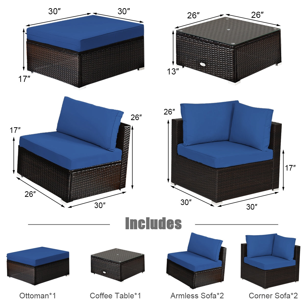 6 Pieces Outdoor Patio Rattan Sectional Sofa Set with Coffee Table-Blue