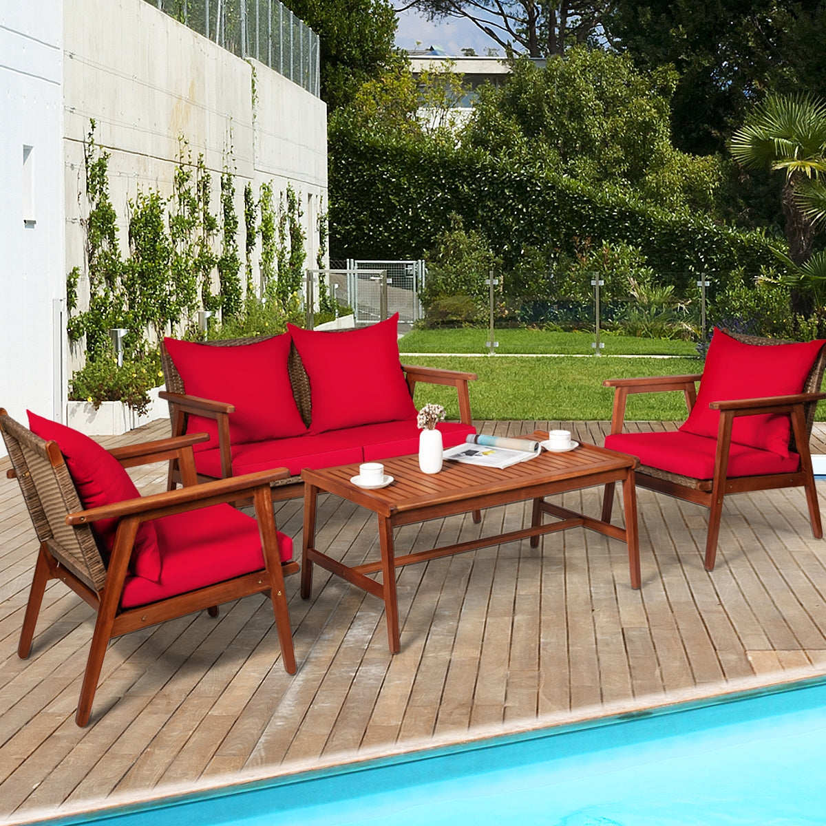 4 Piece Acacia Wood Patio Rattan Furniture Set-Red