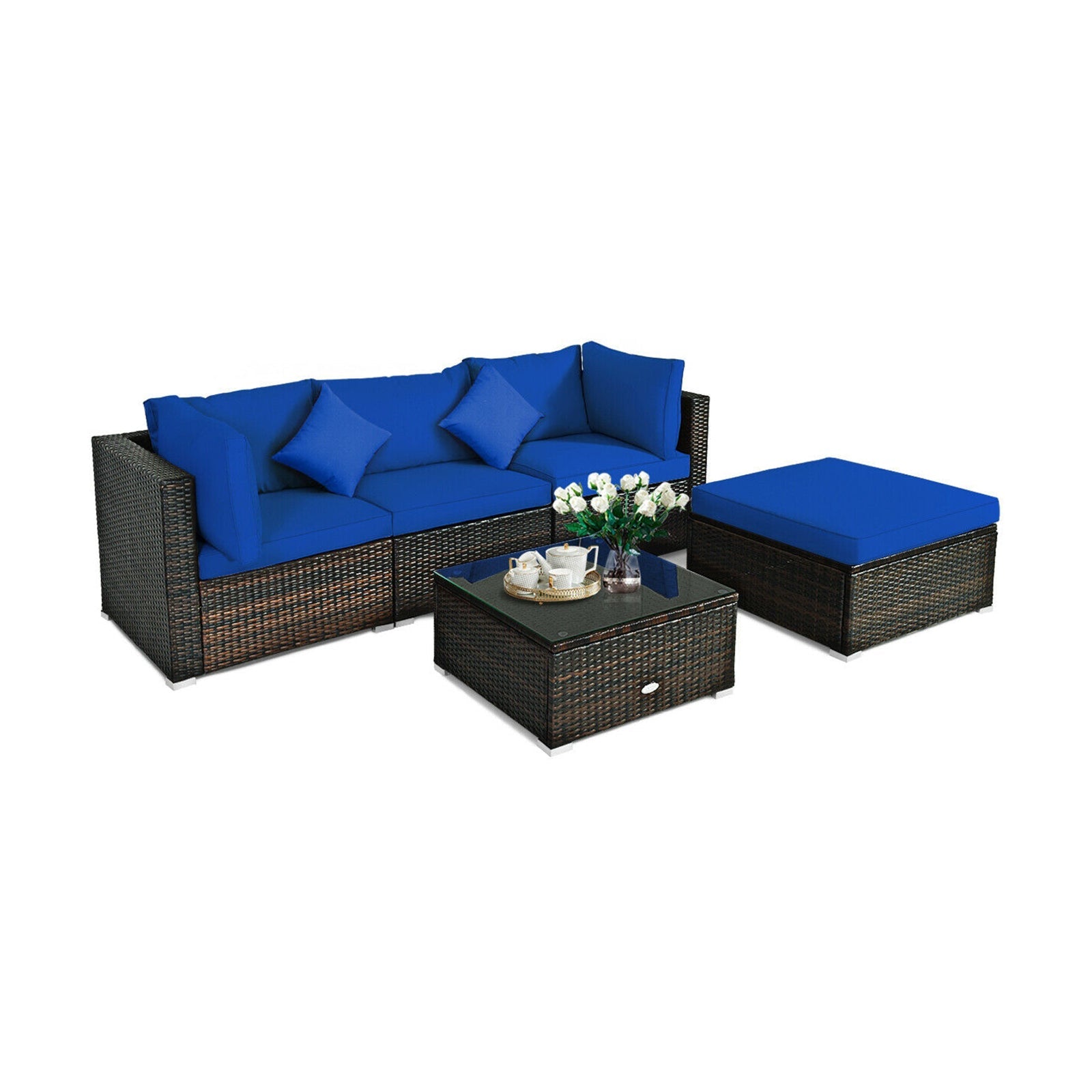 5 Pcs Outdoor Patio Rattan Furniture Set Sectional Conversation with Navy Cushions-Navy