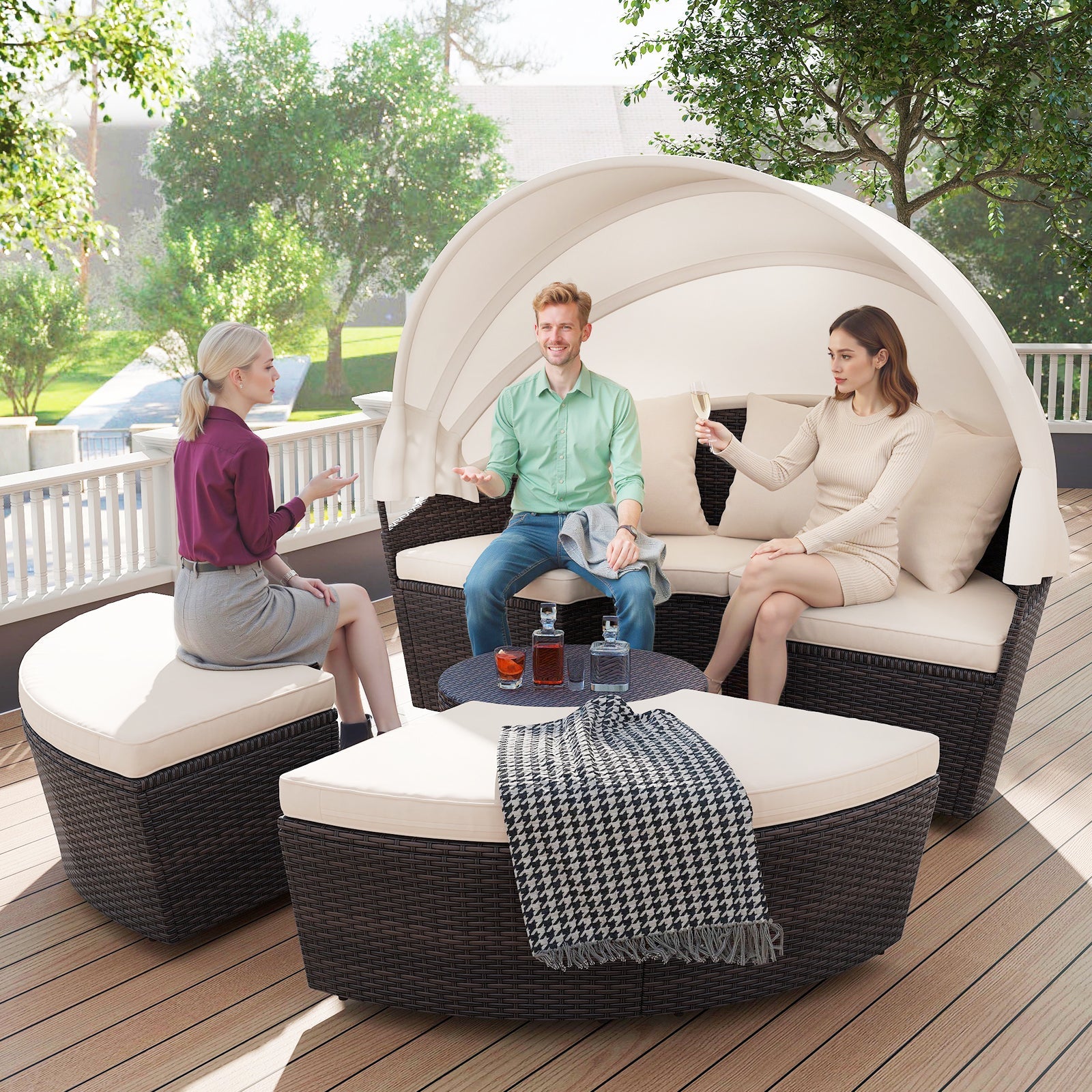 Patio Round Daybed with Retractable Canopy-White