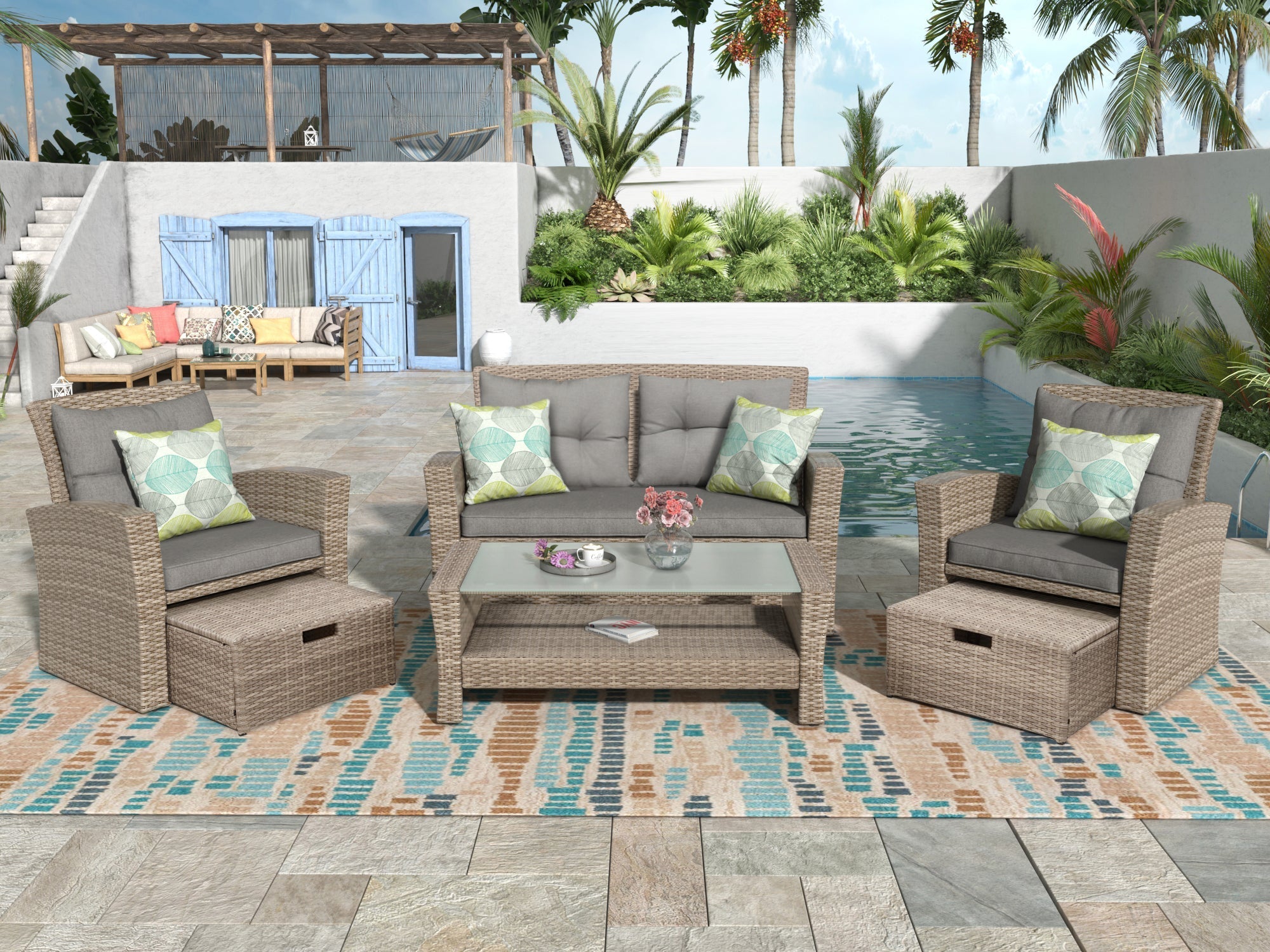 U-Style 4 Piece Outdoor Patio Furniture Set with Ottoman and Cushions