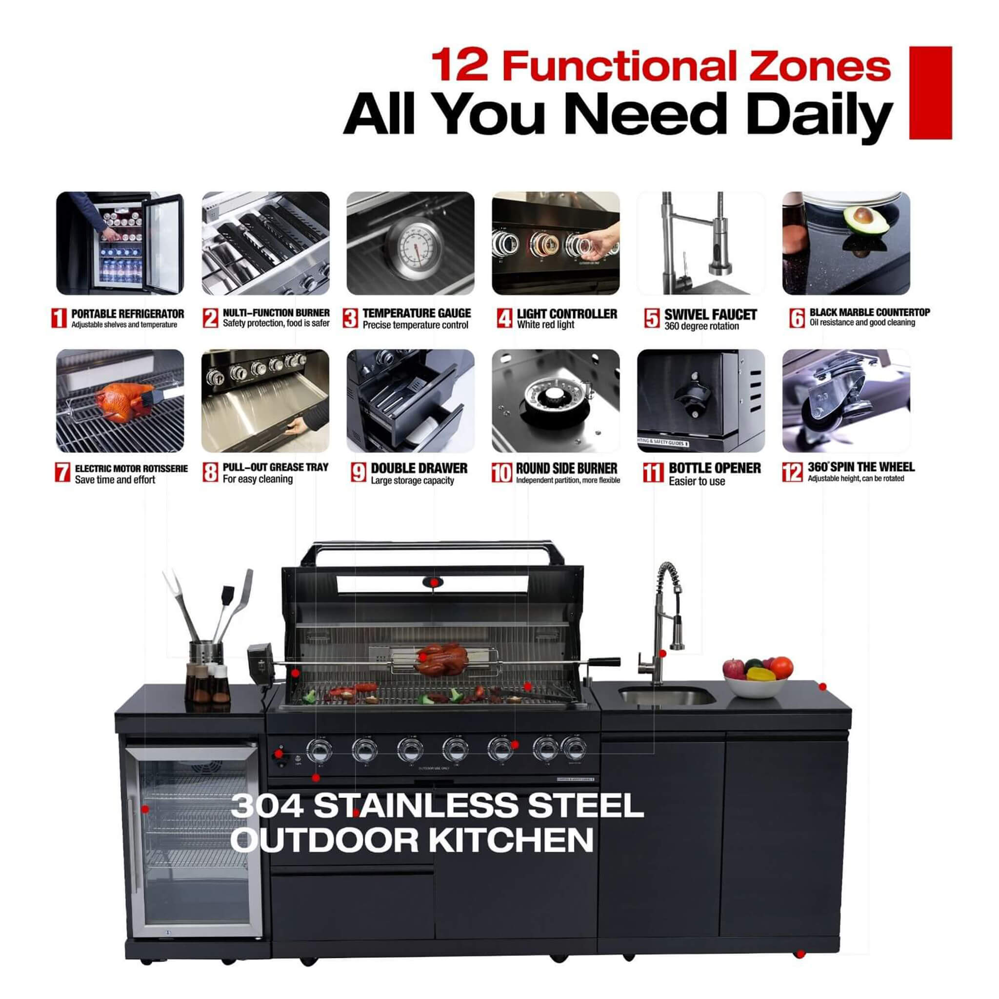 Castelle Flame 43-Inch 6-Burner 85K BTU Stainless Steel Outdoor BBQ Kitchen Island Grill With Wine Cooler, Rotisserie, And Sink (SAK19476)