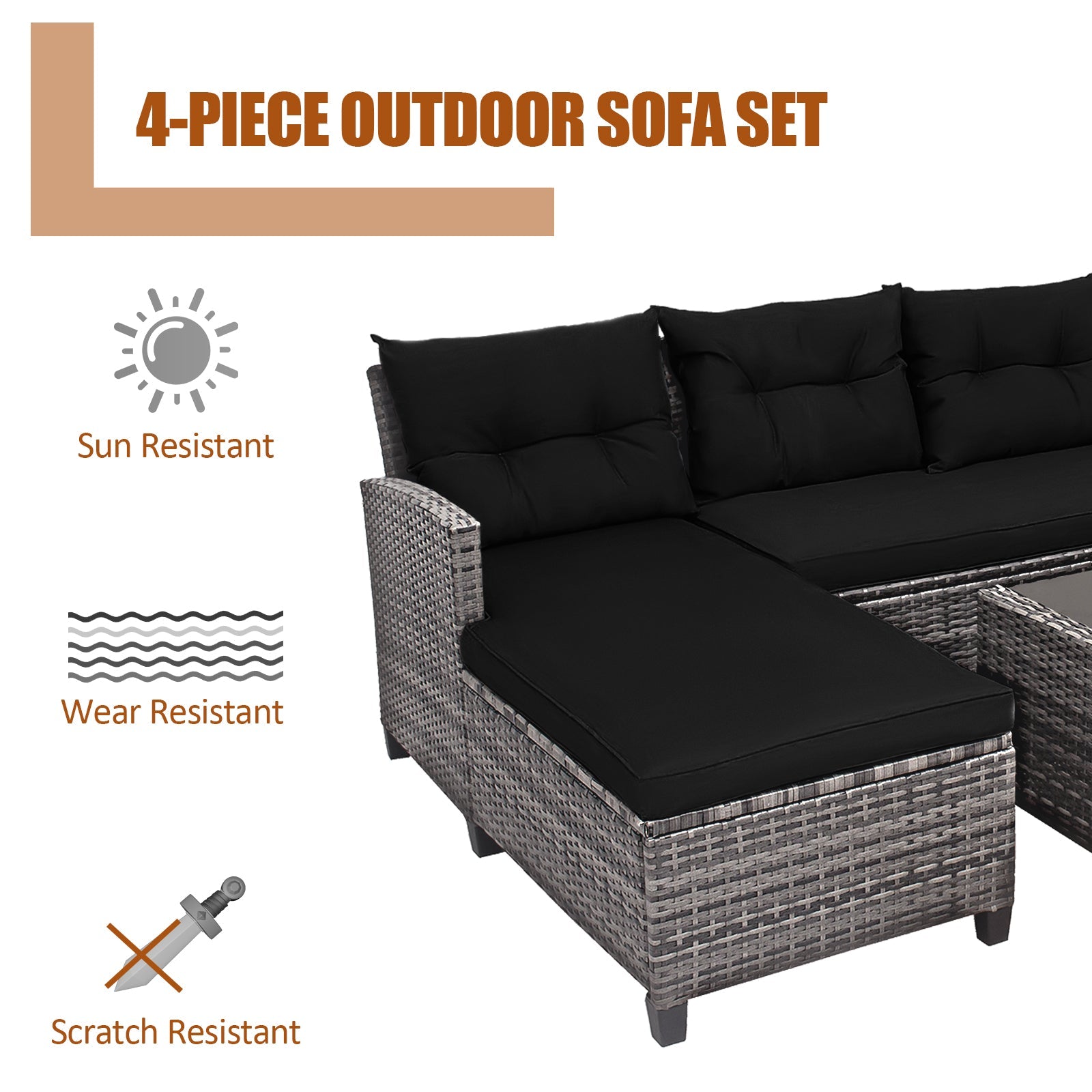 4 Pieces Patio Rattan Sofa Furniture Set with Cushion and 2-Tier Coffee Table-Black
