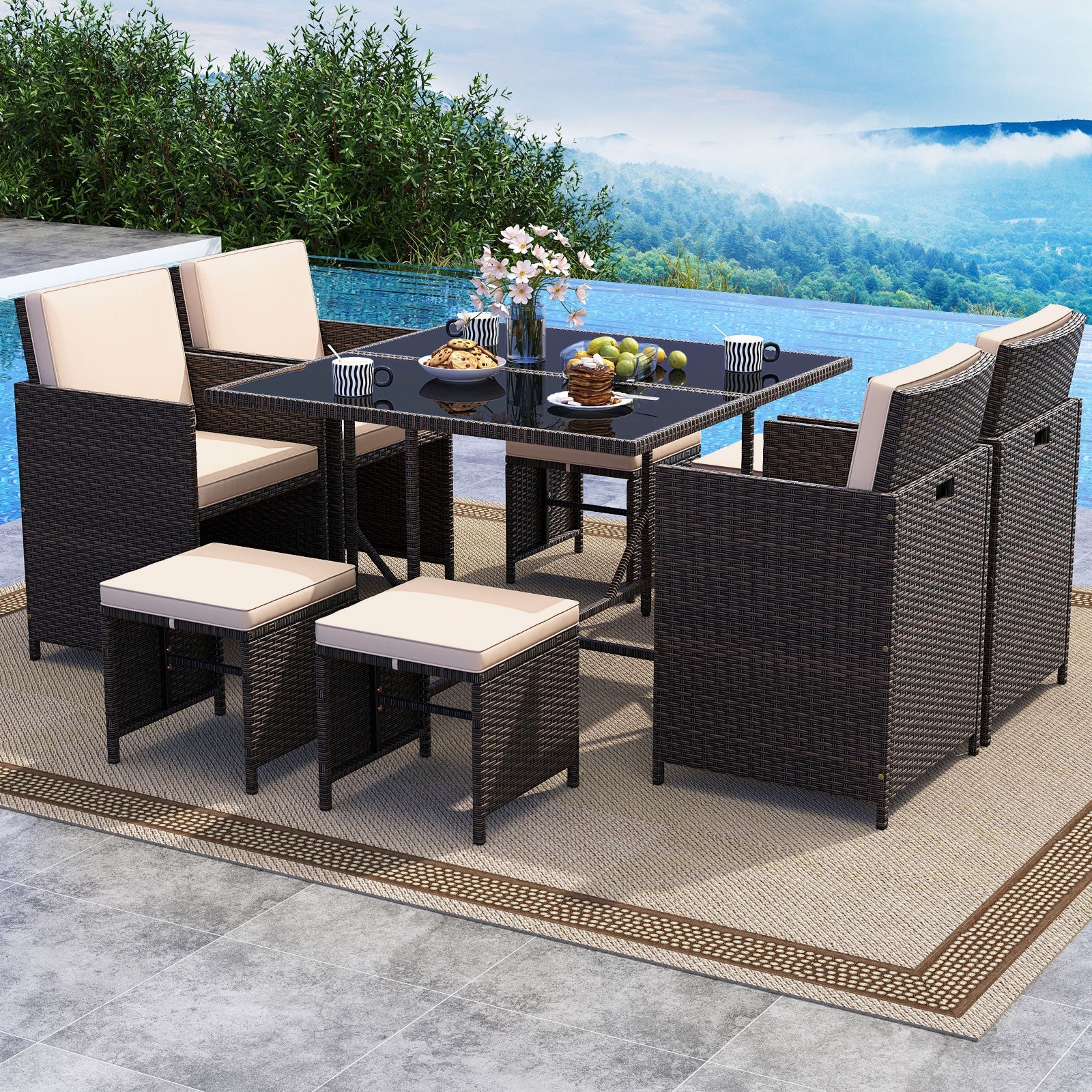 9 Piece Patio Dining Set with Tempered Glass Table and Ottoman-Beige