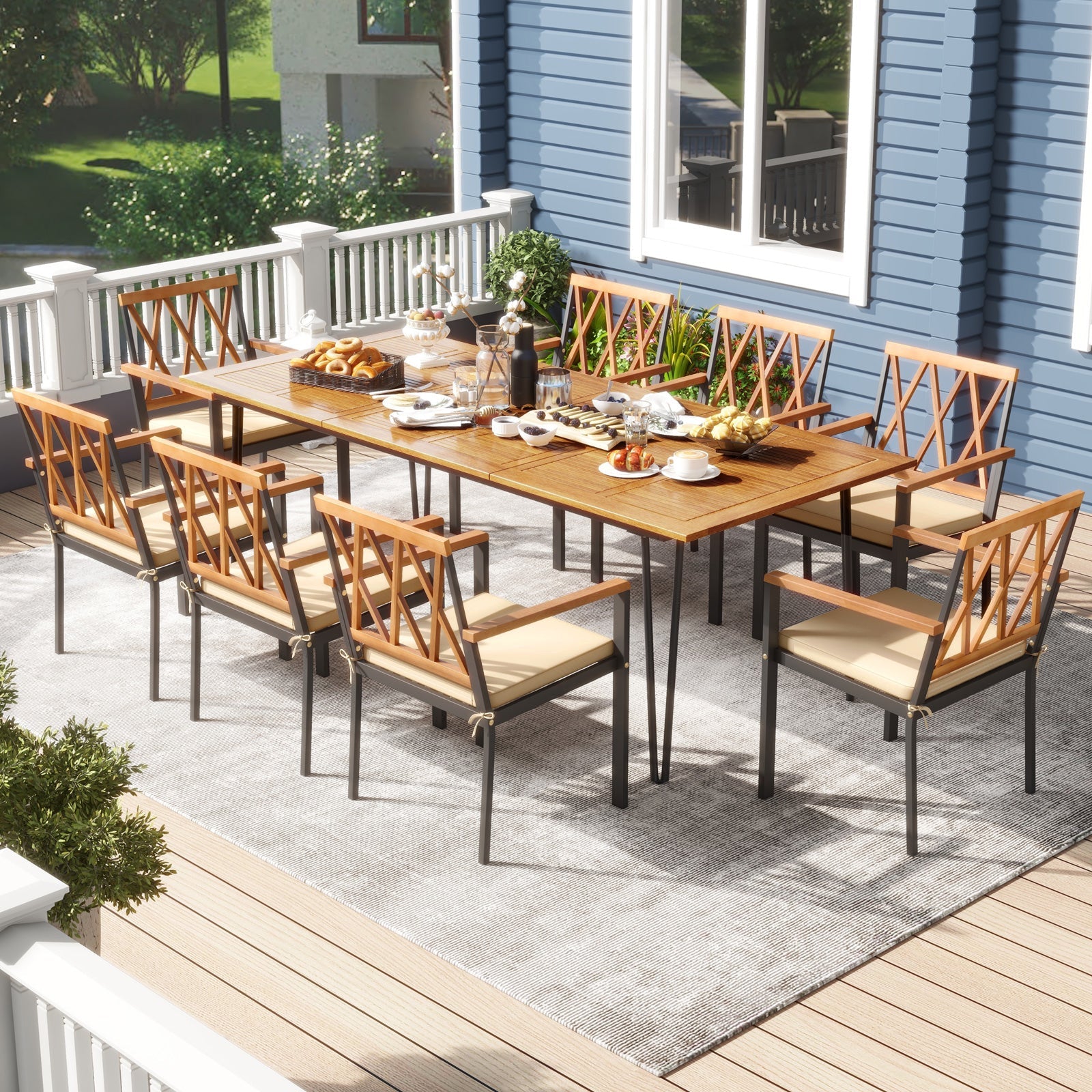 Acacia Wood Outdoor Furniture Set 9 Pieces Patio Dining Set with 8 Chairs