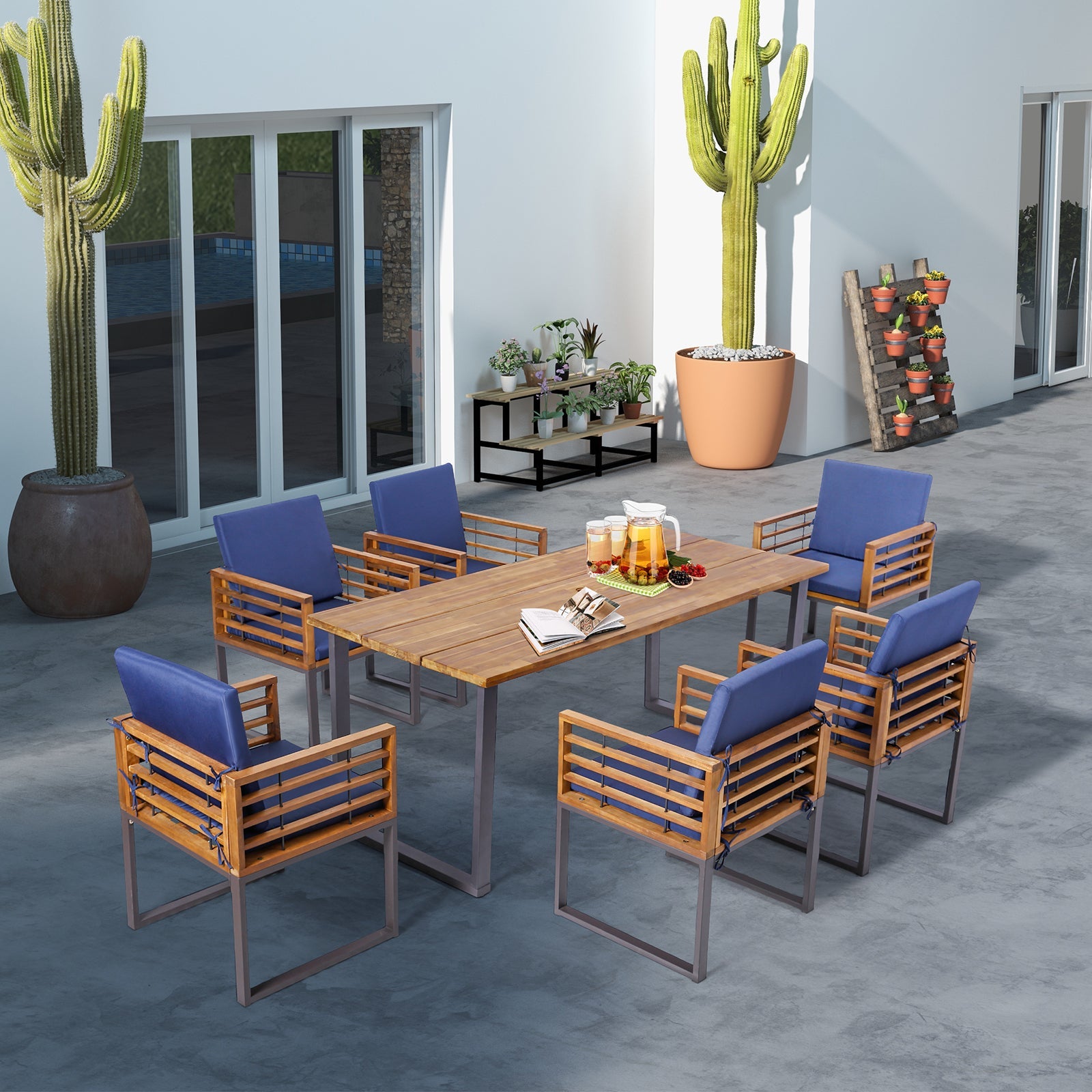 Outdoor Acacia Wood Patio Dining Chairs Set of 6 with Seat Back Cushions-Navy