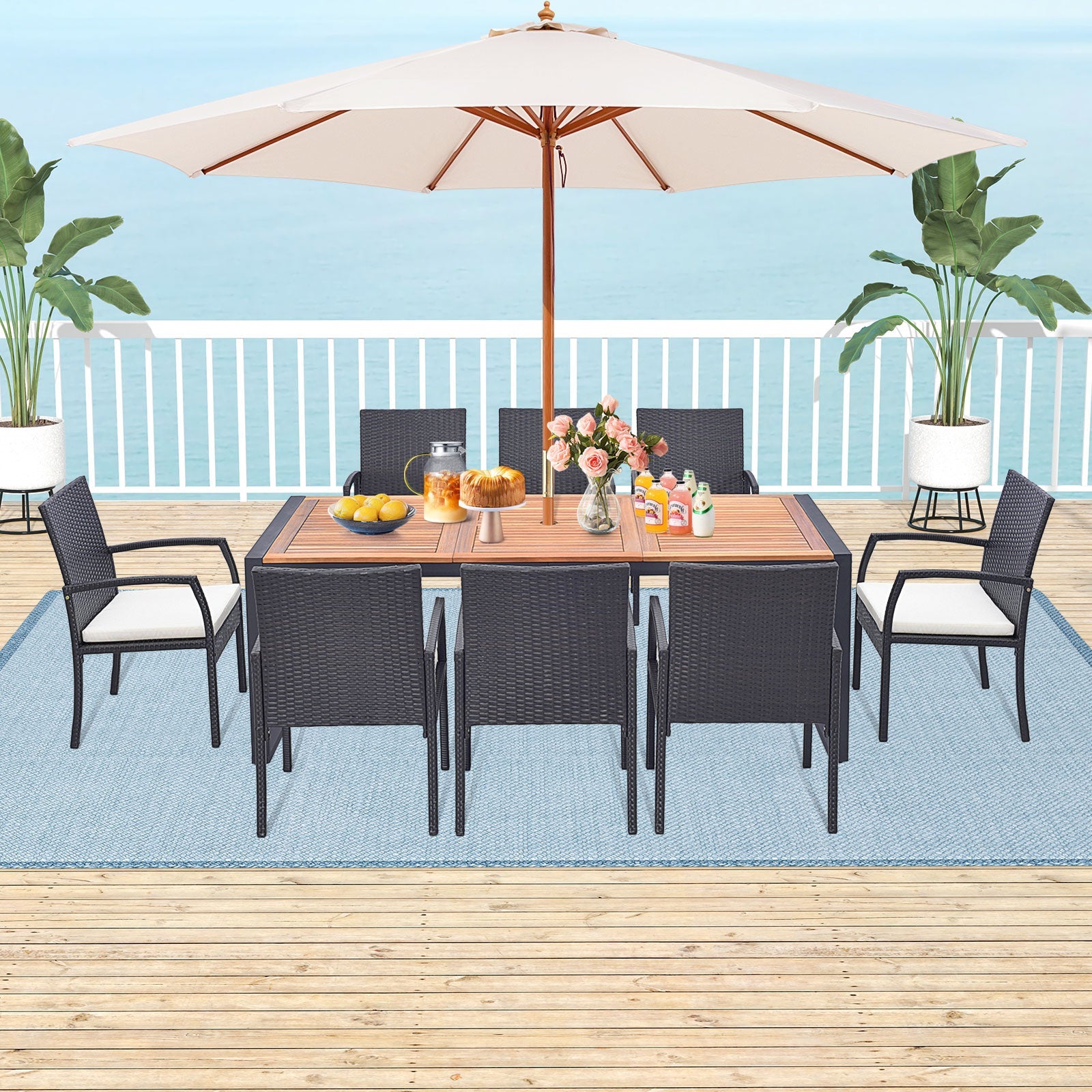 9 Pieces  Patio Rattan Dining Set with Acacia Wood Table for Backyard  Garden-L-shaped Handrail