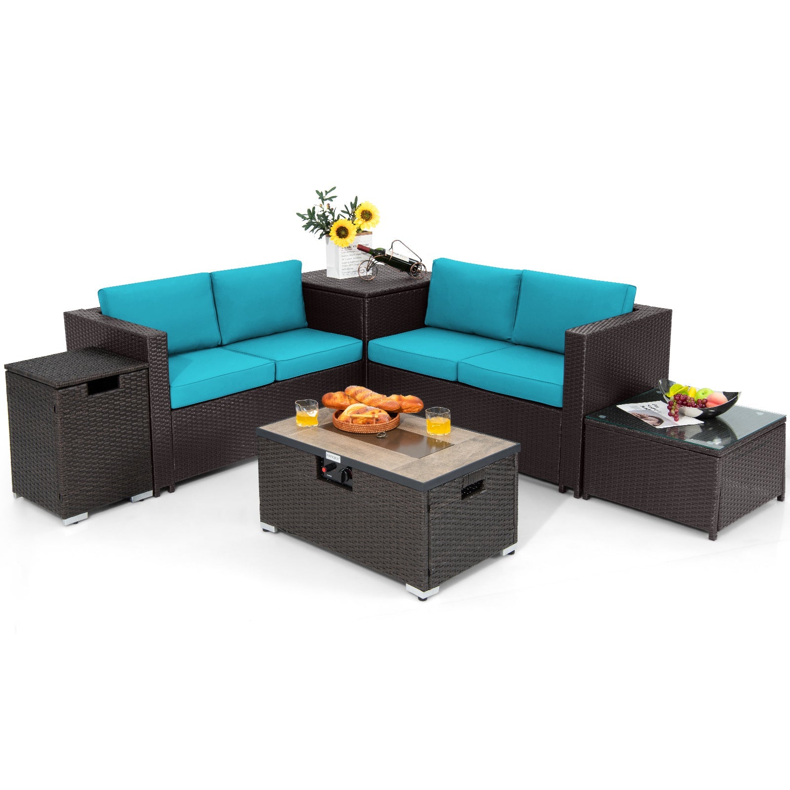 6 Pieces Outdoor Wicker Furniture Set with 32 Inch Propane Fire Pit Table-Turquoise