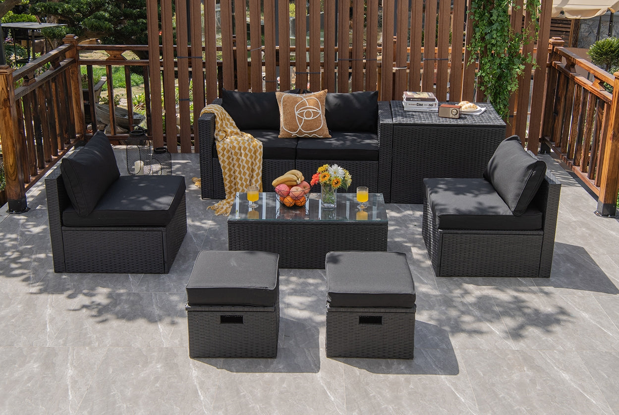 8 Pieces Patio Rattan Storage Table Furniture Set-Black
