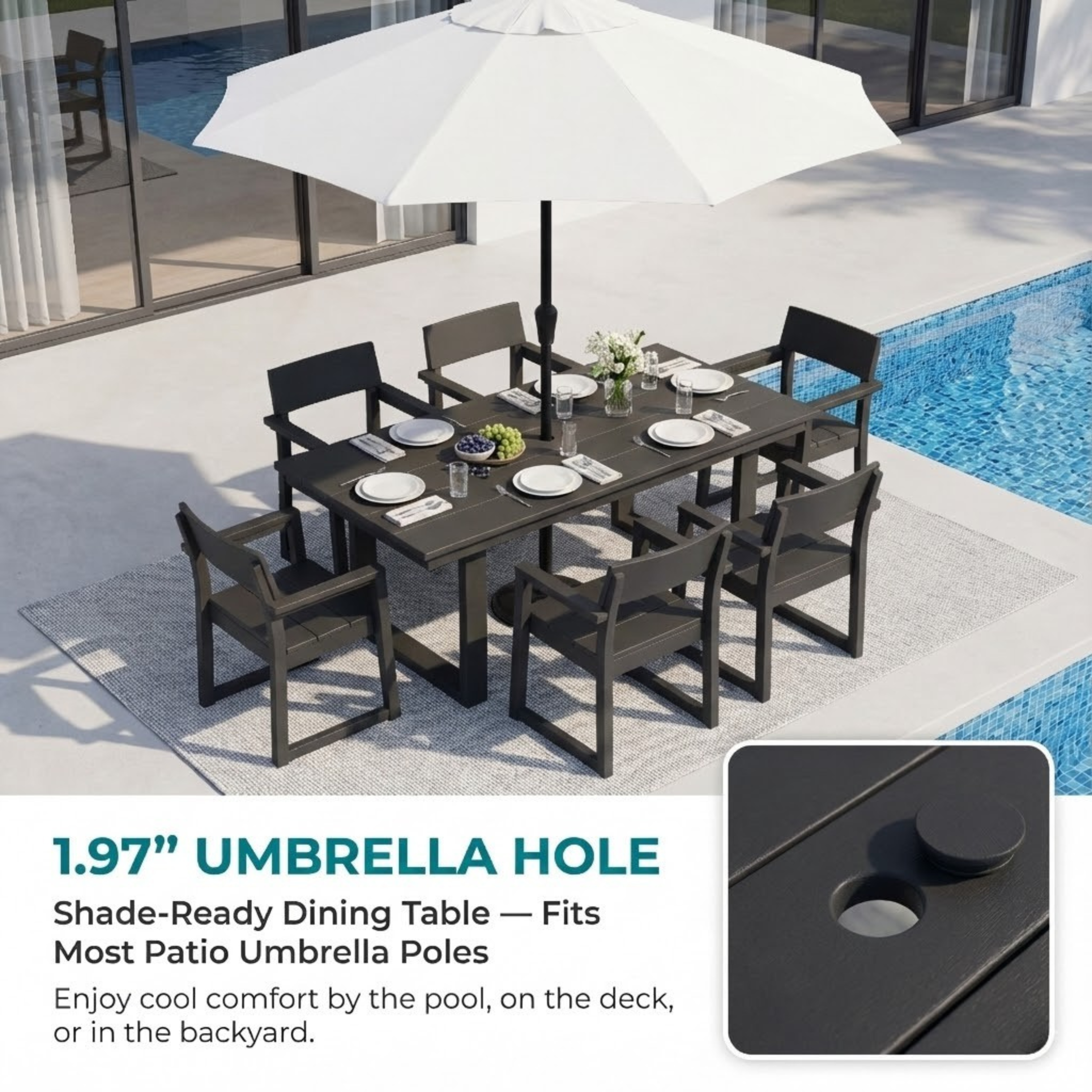 7-Piece HDPE Outdoor Dining Set for 6 – Weather-Resistant Patio Table with Umbrella Hole and 6 Armrest Chairs (Black)