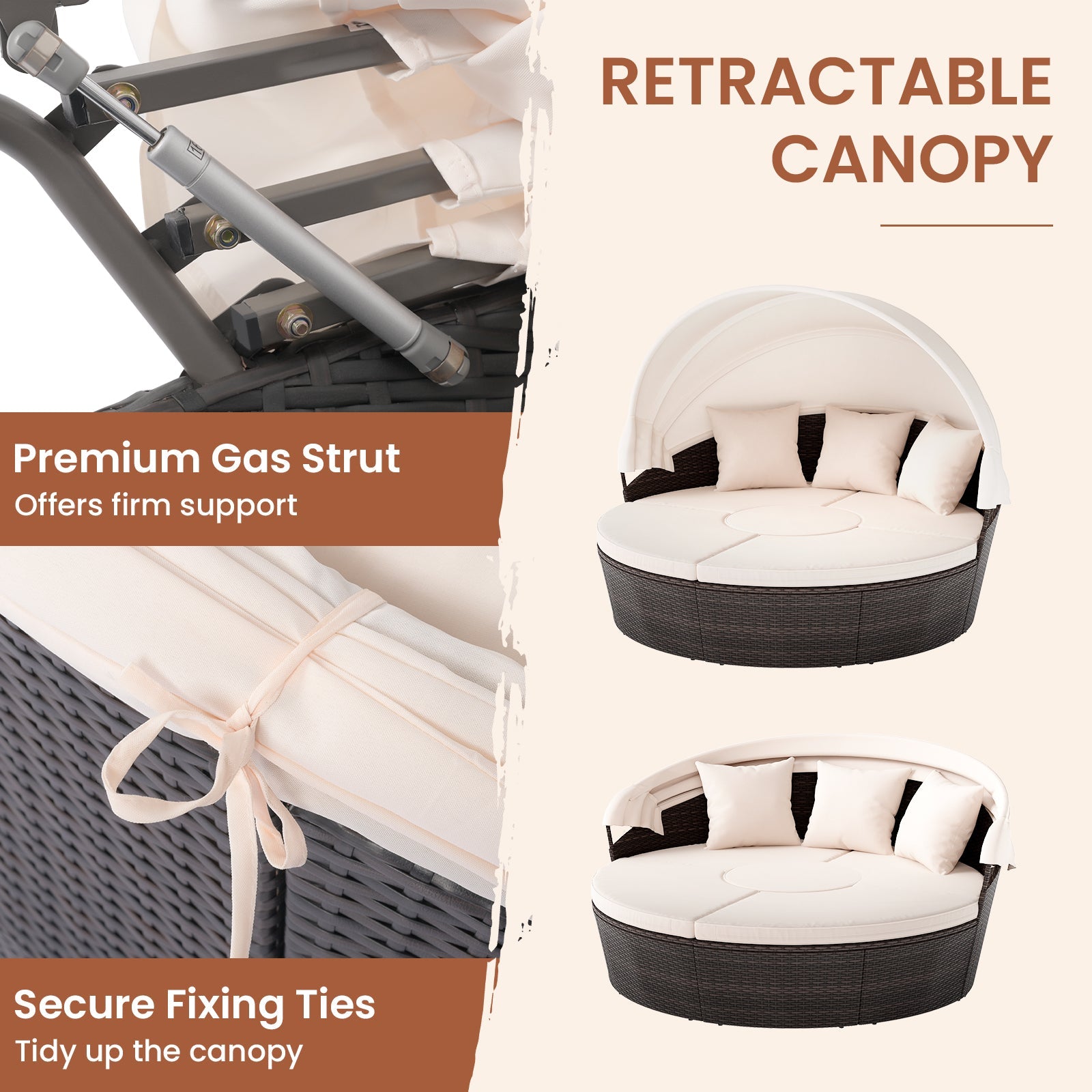 Patio Round Daybed with Retractable Canopy-White