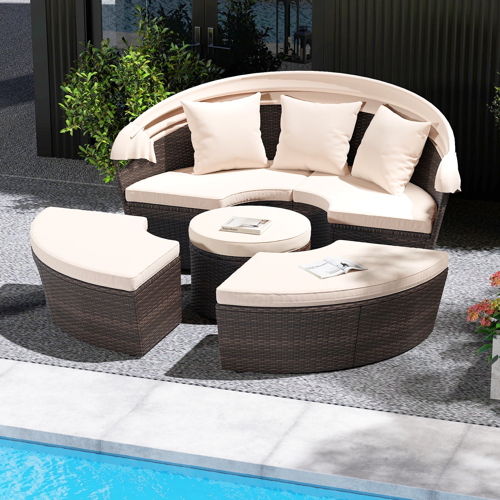 Patio Round Daybed with Retractable Canopy-White